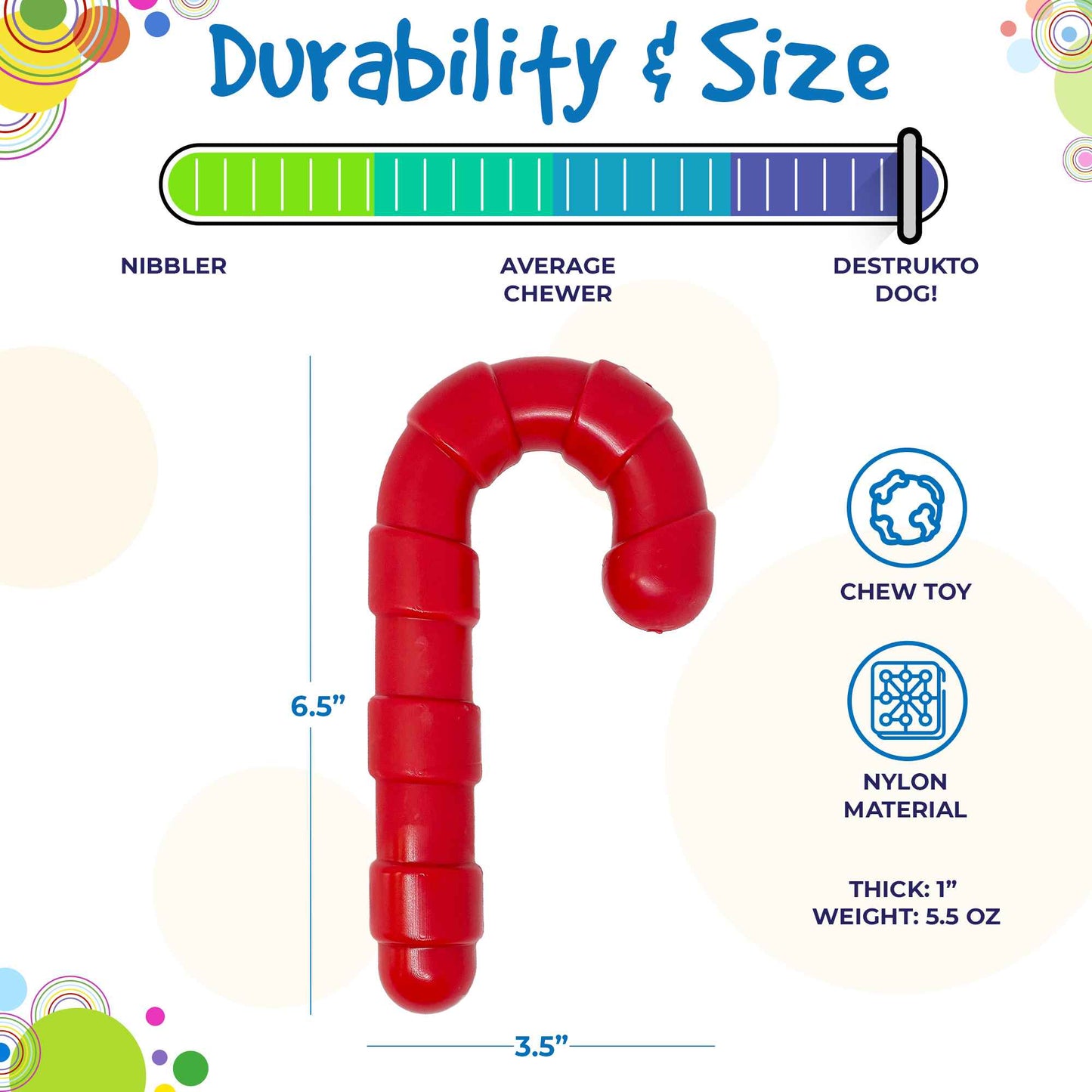 Red dog chew toy with durability and size chart on a colorful background