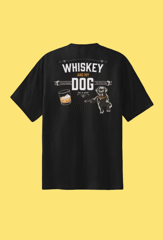 Black t-shirt with 'Whiskey and My Dog' graphic design on a white background