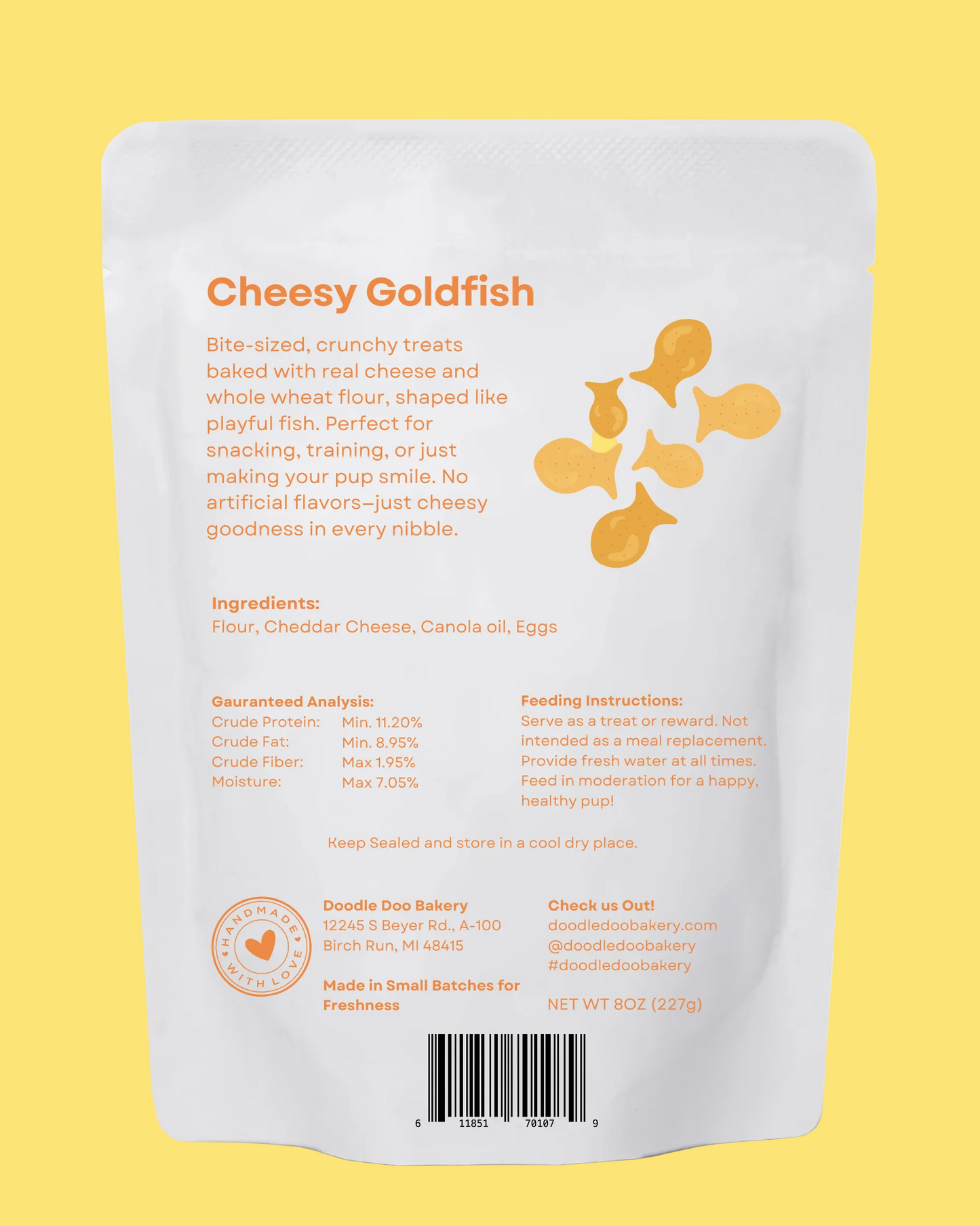 Package of 'Cheesy Goldfish' treats with text and branding on a white background
