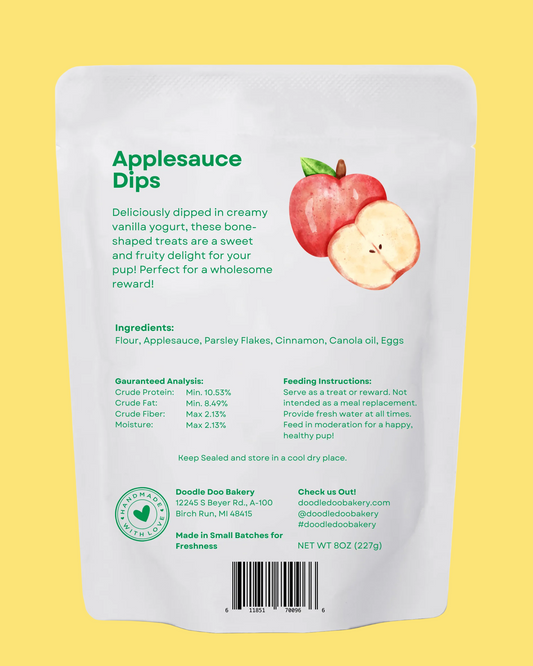 Applesauce Dips packaging with apple illustration and text on a white background
