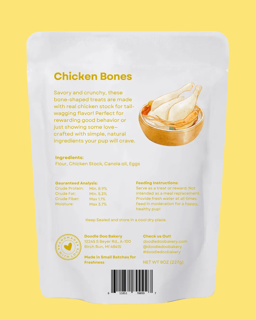 Back of a packaging for chicken bones treats with text and an image of the product.