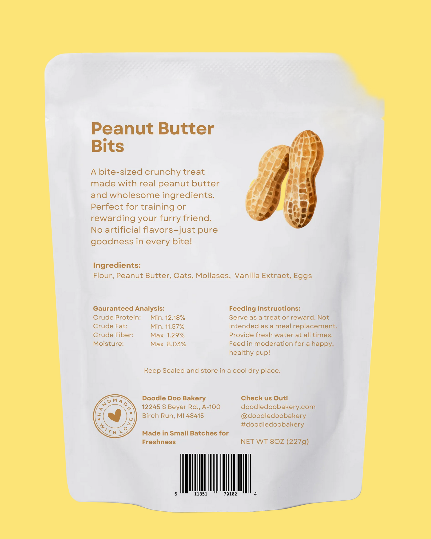 Pouch of Peanut Butter Bits with text and images on a white background