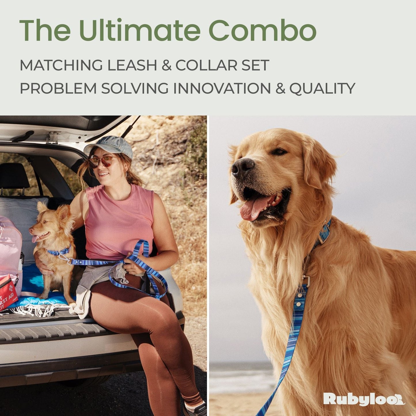 Woman with dog in car and dog wearing blue leash and collar on white background, Rubyloo brand visible.
