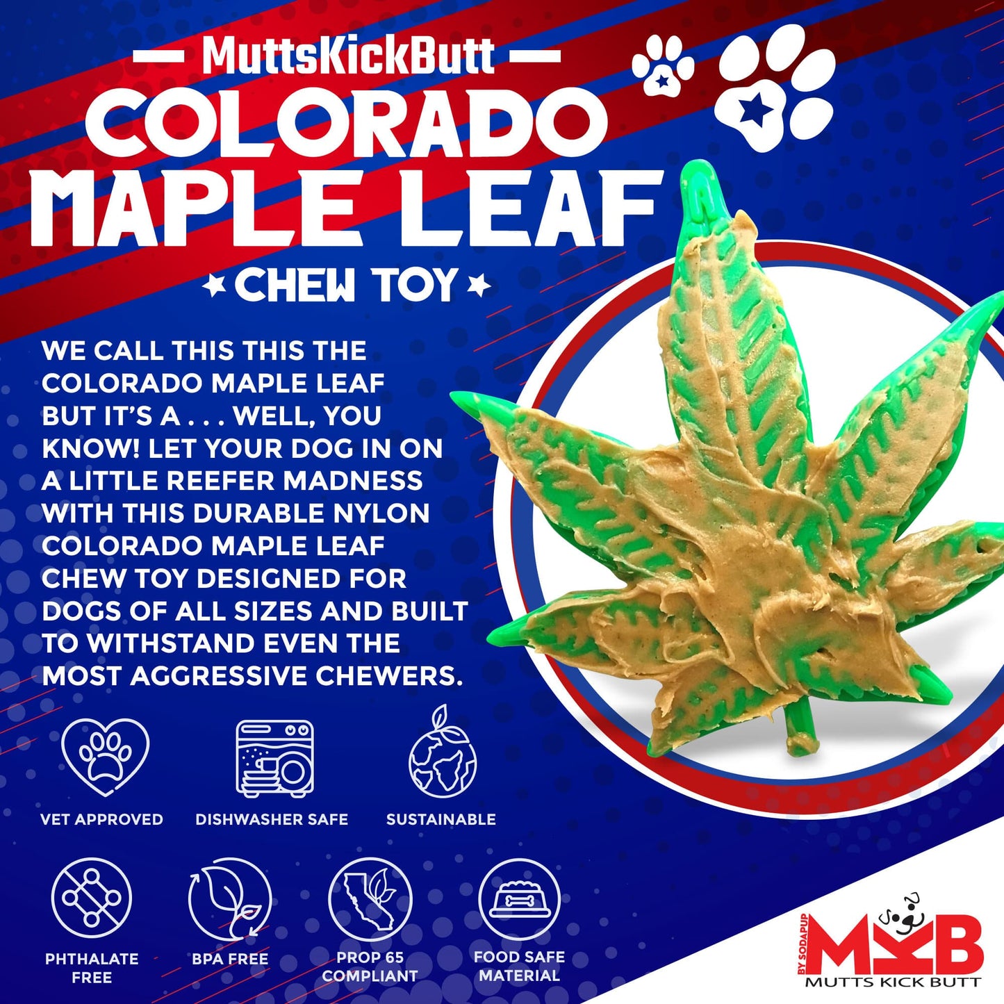 Promotional image of a Colorado Maple Leaf chew toy for dogs with text and branding.