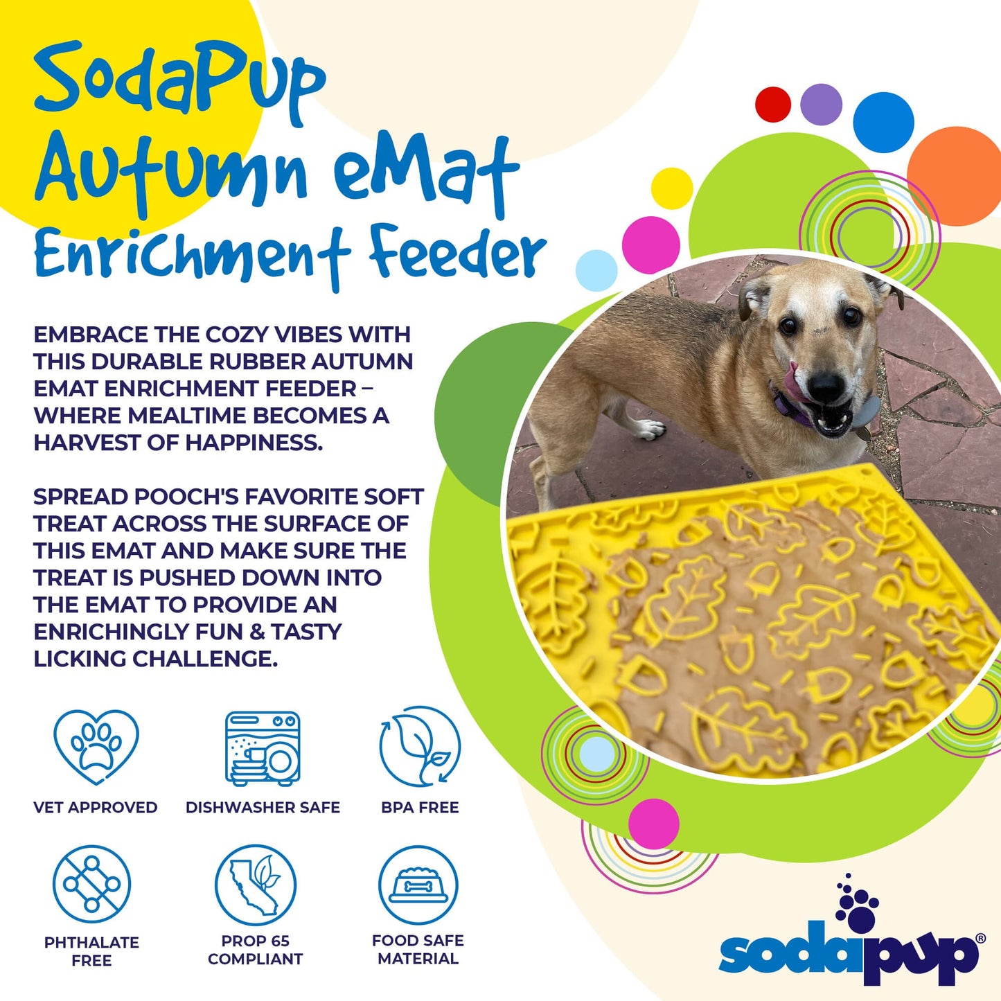 SodaPup Autumn eMat Enrichment Feeder with a dog and product details on a colorful background