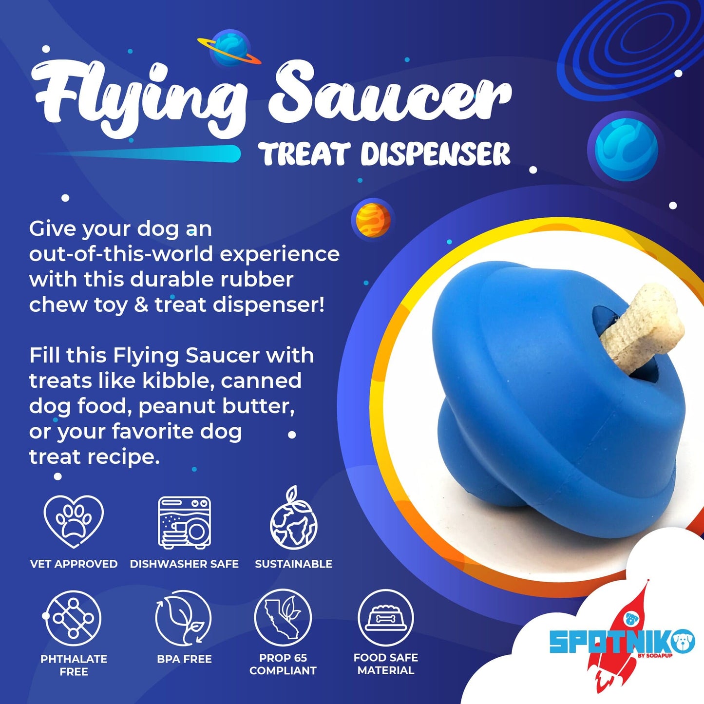 Blue 'Flying Saucer' treat dispenser for dogs with promotional text and branding on a blue background.