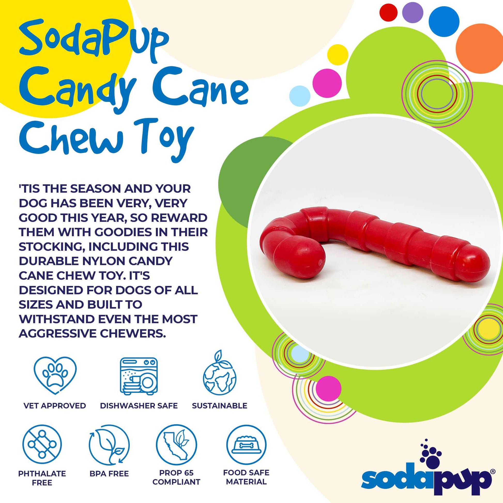 Advertisement for SodaPup Candy Cane Chew Toy with product image and features listed.