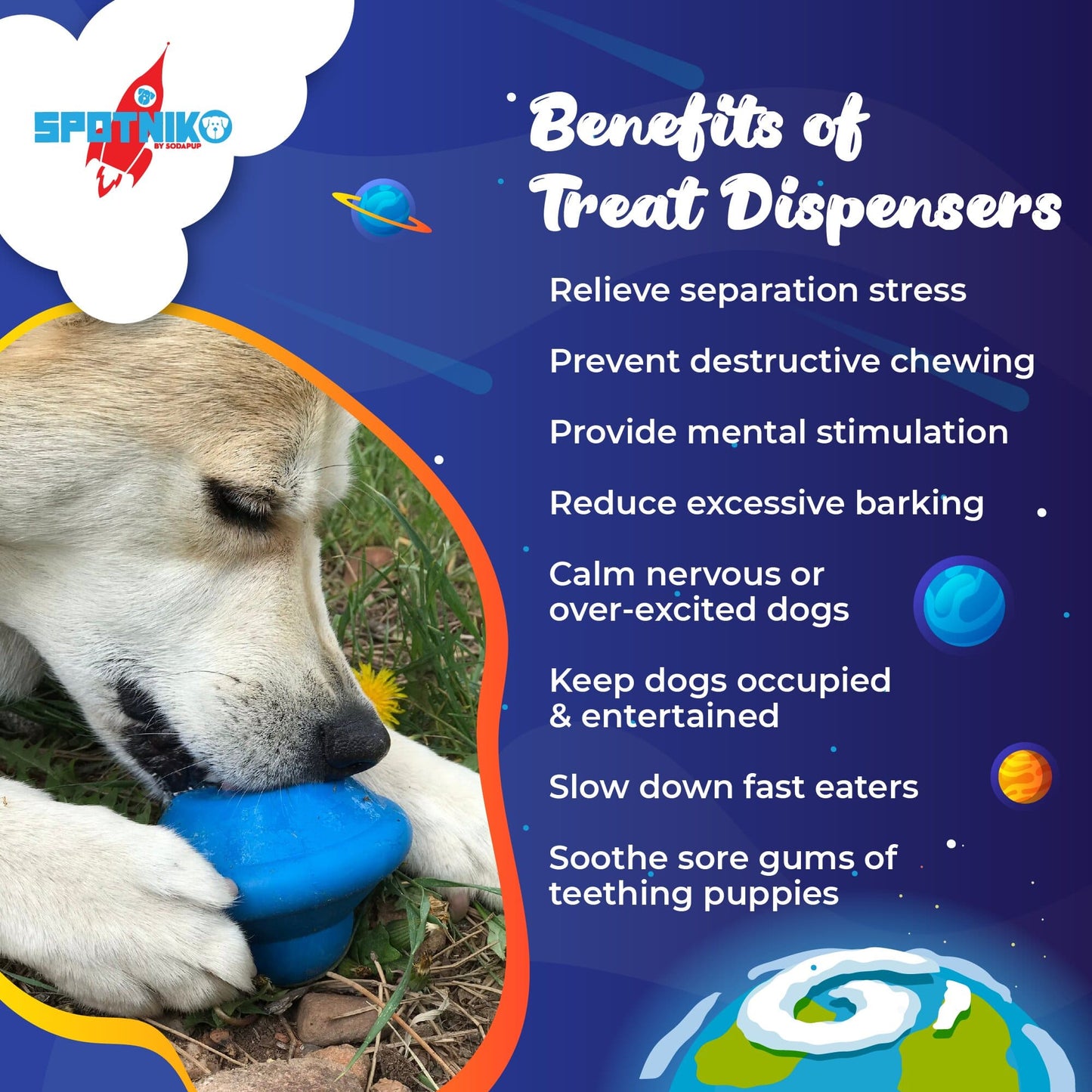Dog using a treat dispenser with benefits listed on a blue background
