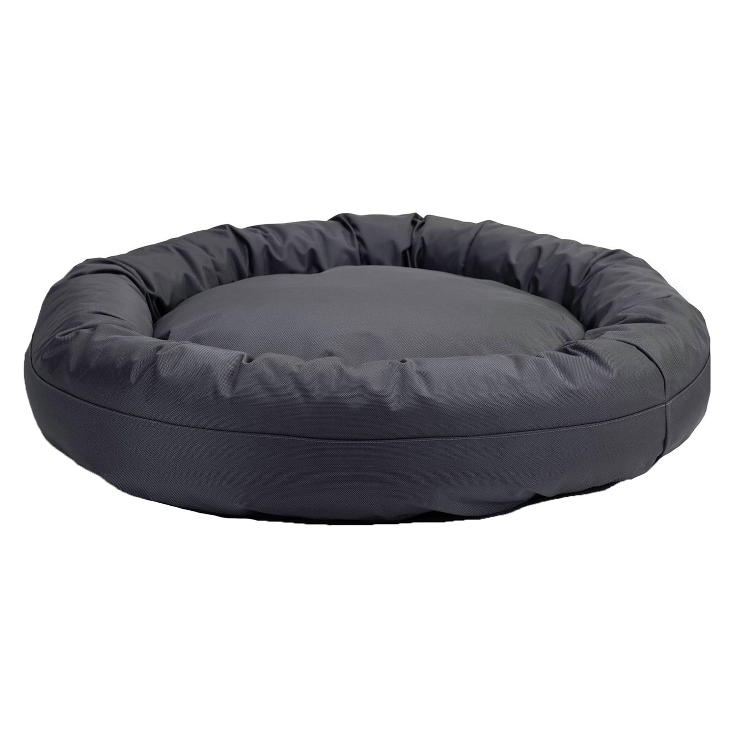 Round gray pet bed on a white background