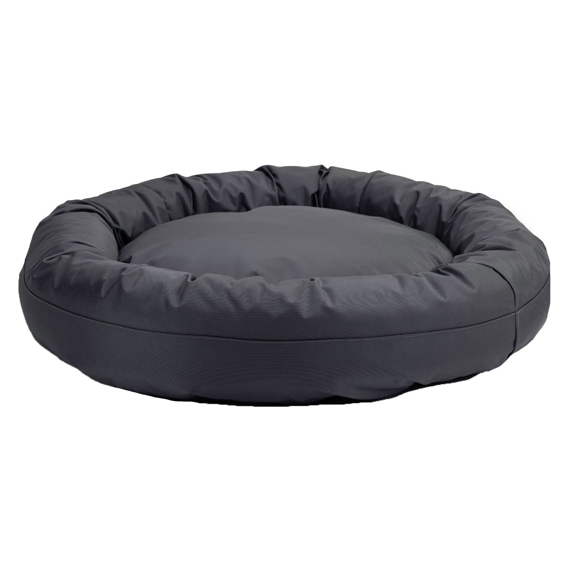 Round gray pet bed on a white background