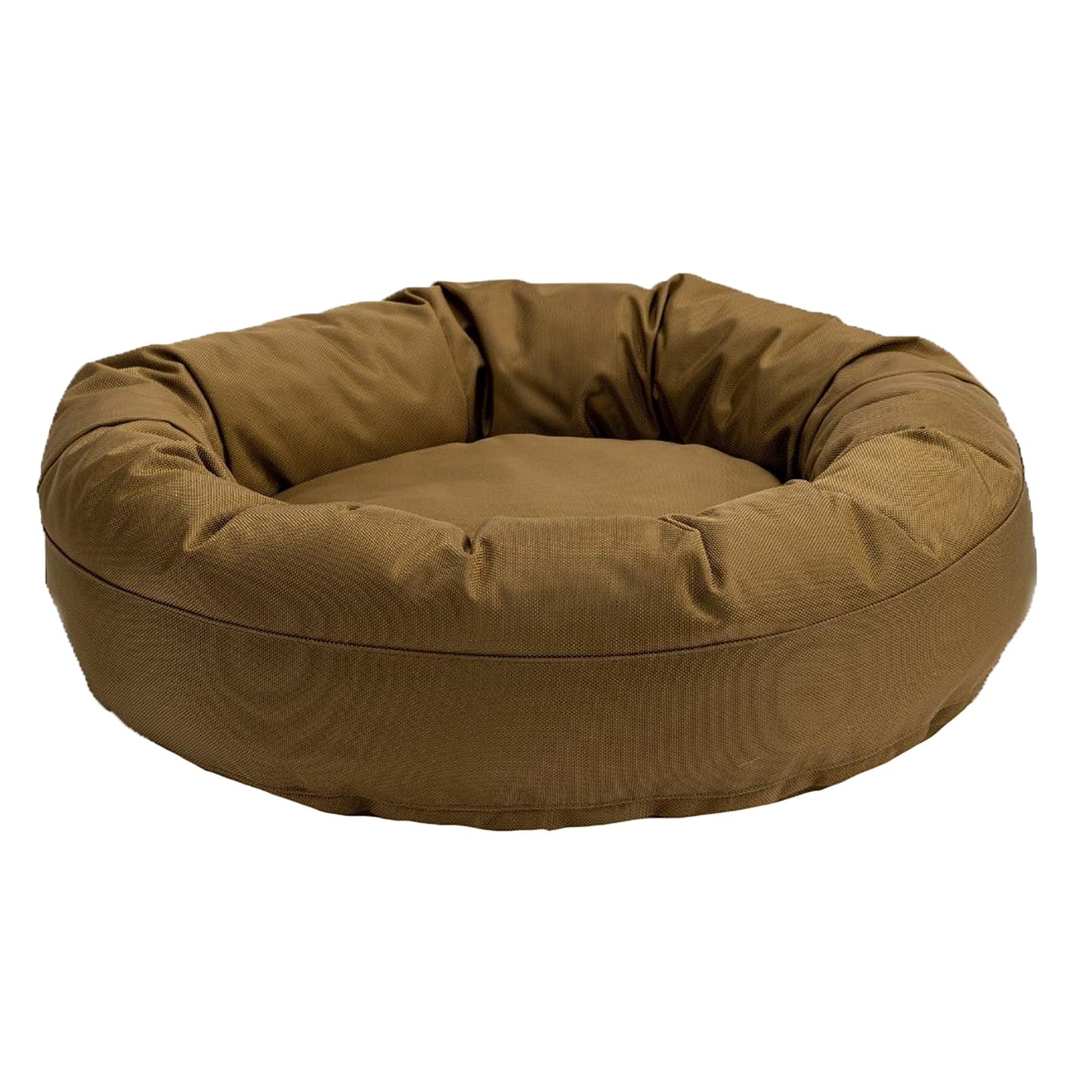 Brown donut-shaped pet bed on a white background