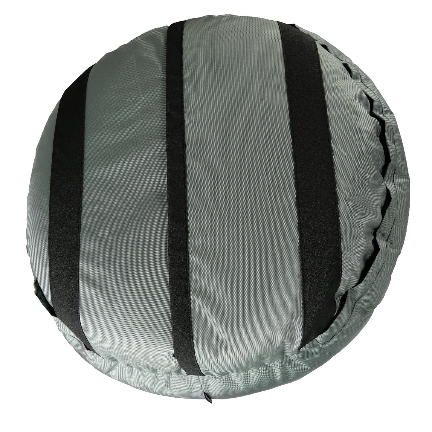 Gray tire cover with black straps on a white background