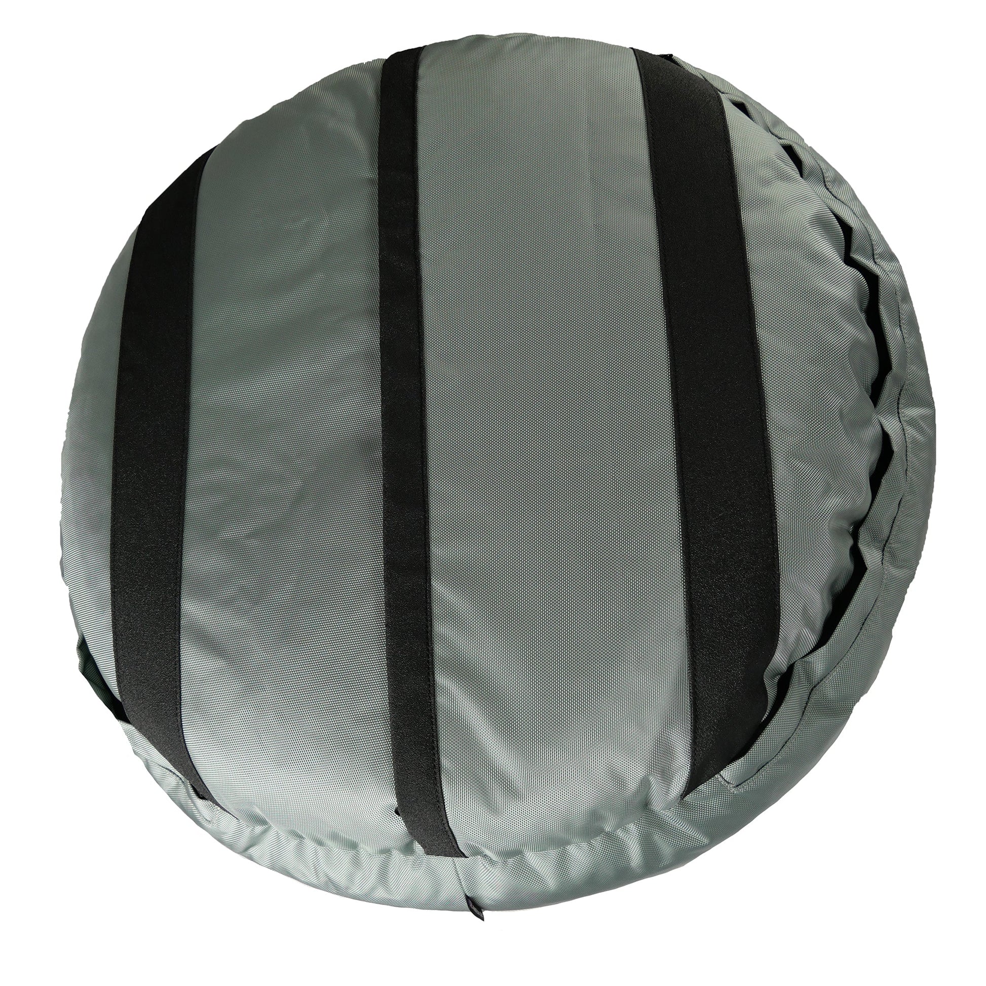Gray tire cover with black straps on a white background