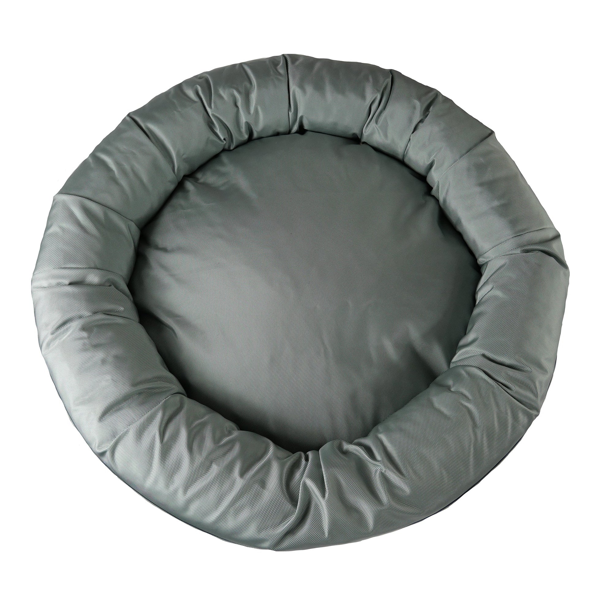 Round gray pet bed on a white background