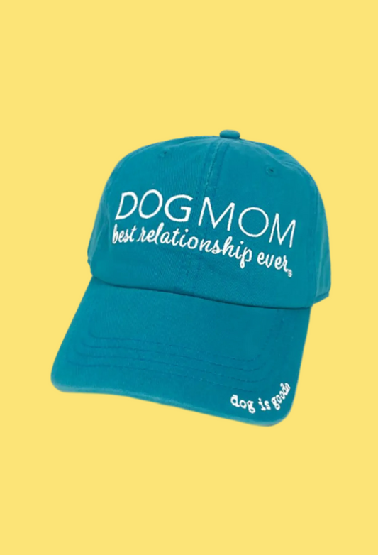 Teal cap with 'DOG MOM best relationship ever' text on a white background