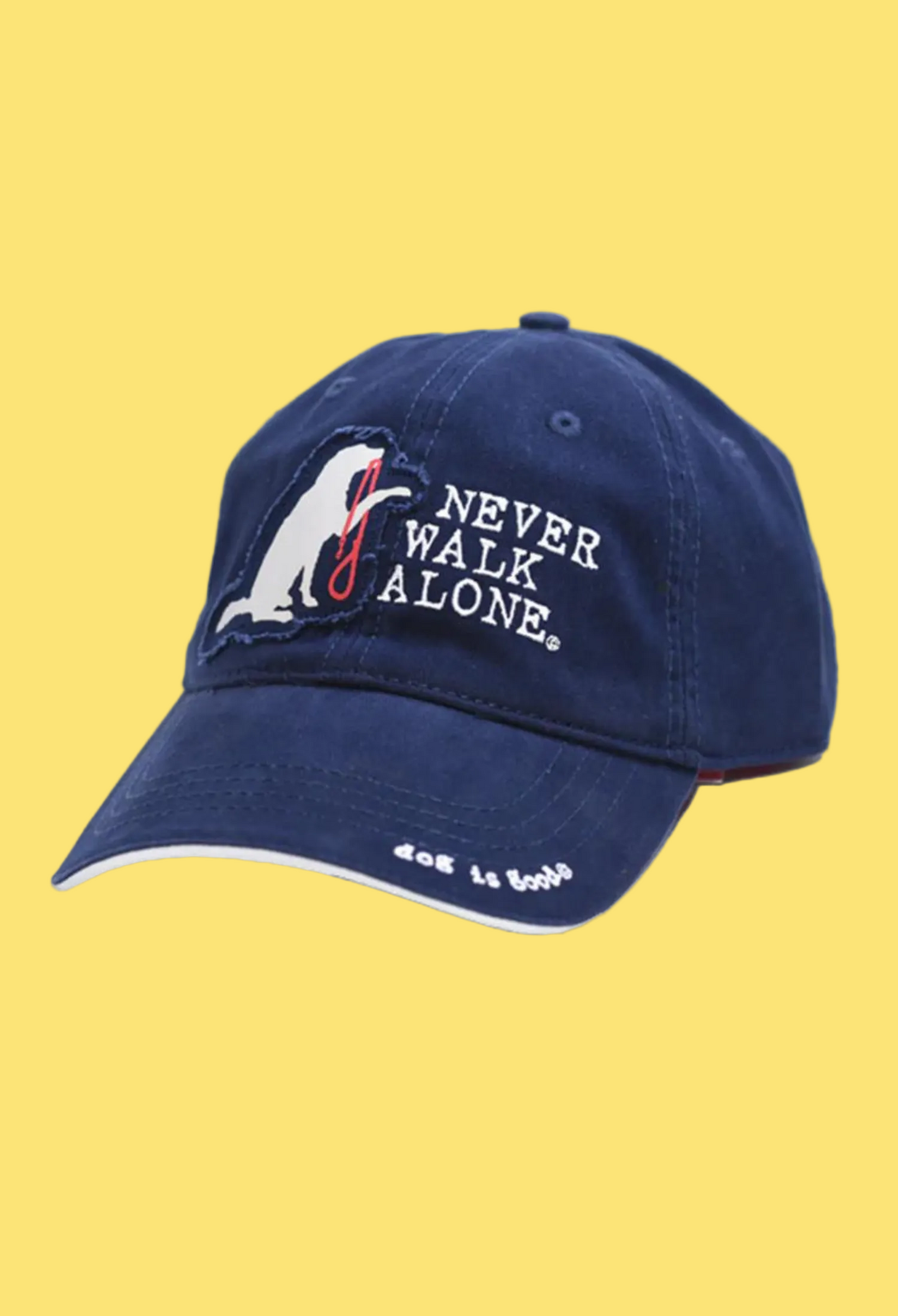 Blue cap with 'Never Walk Alone' text and logo on a white background