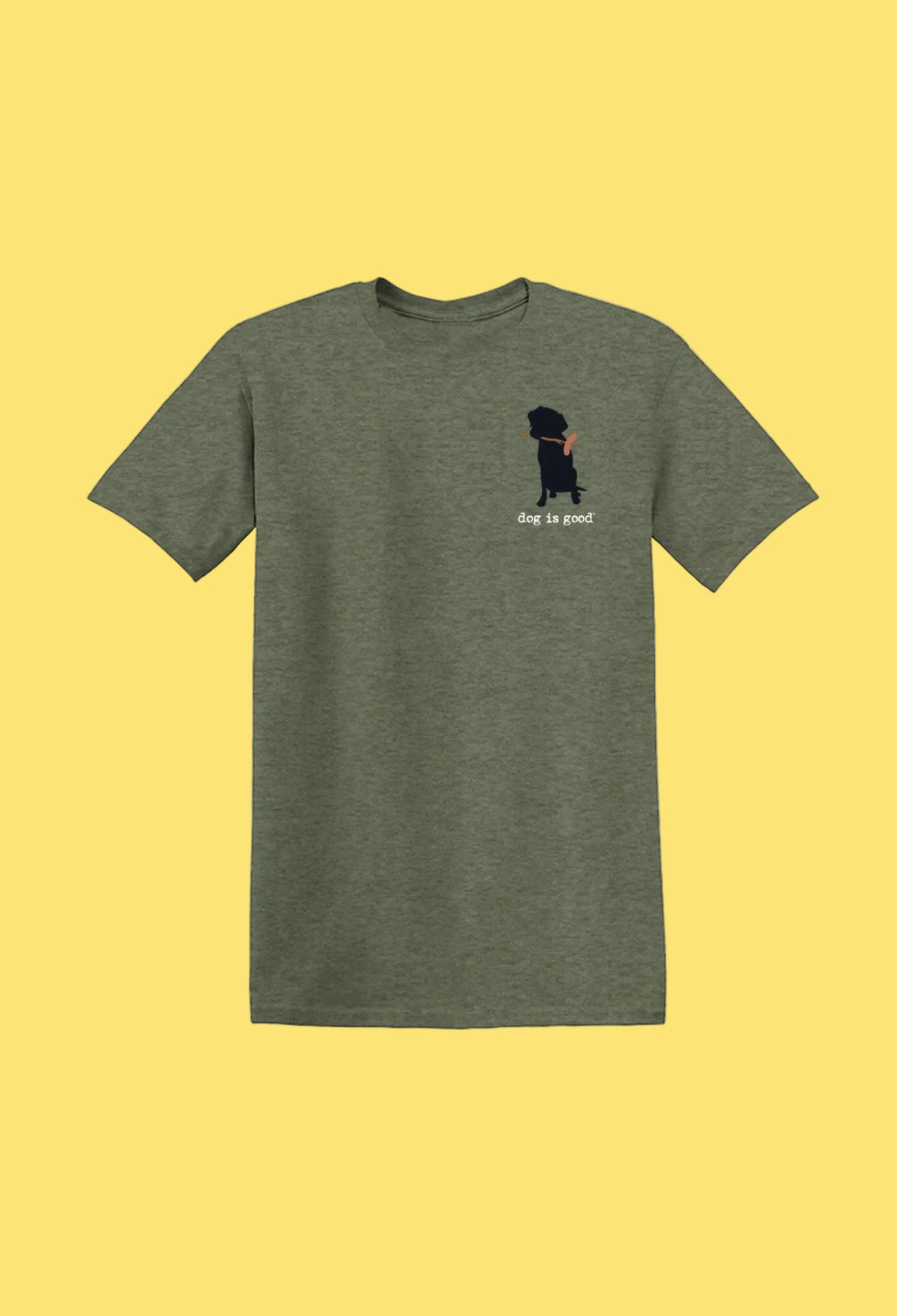 Green t-shirt with a small black and brown dog graphic on a white background