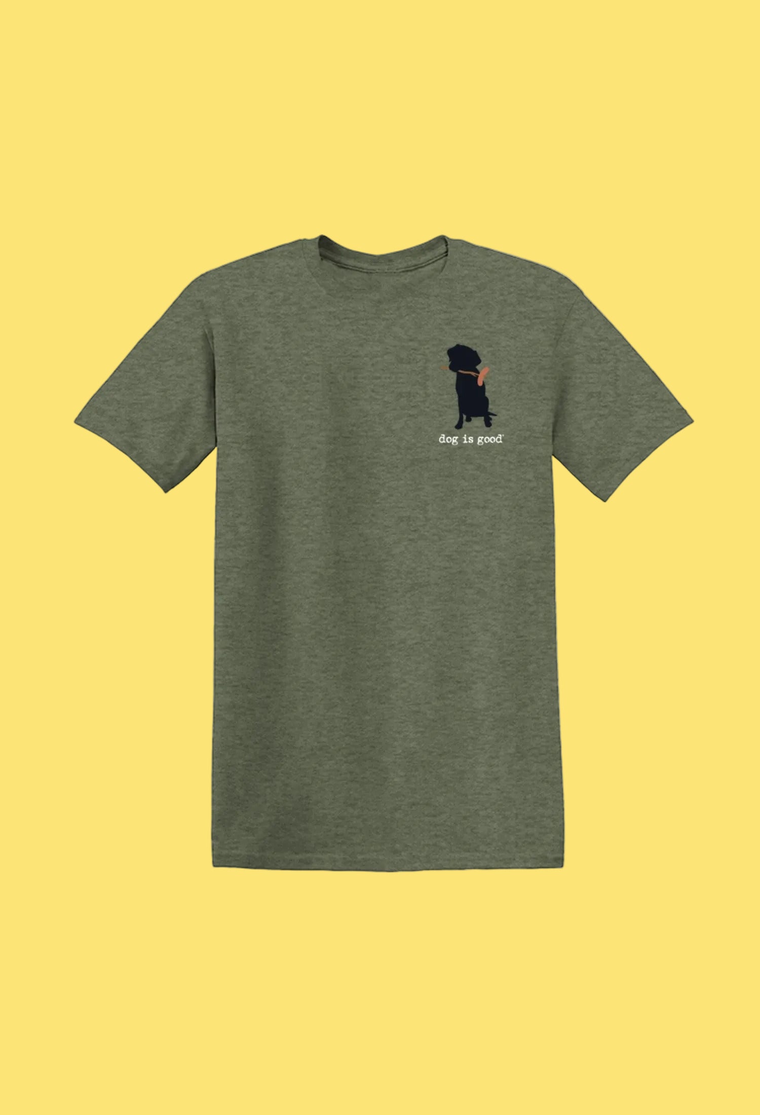 Green t-shirt with a small black and brown dog graphic on a white background