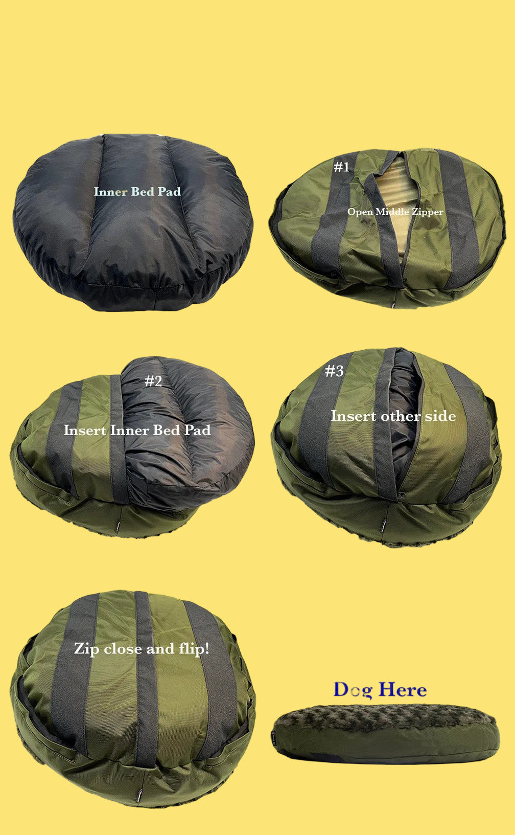Step-by-step assembly guide for American Dog Basic Round Bed with images and text labels.