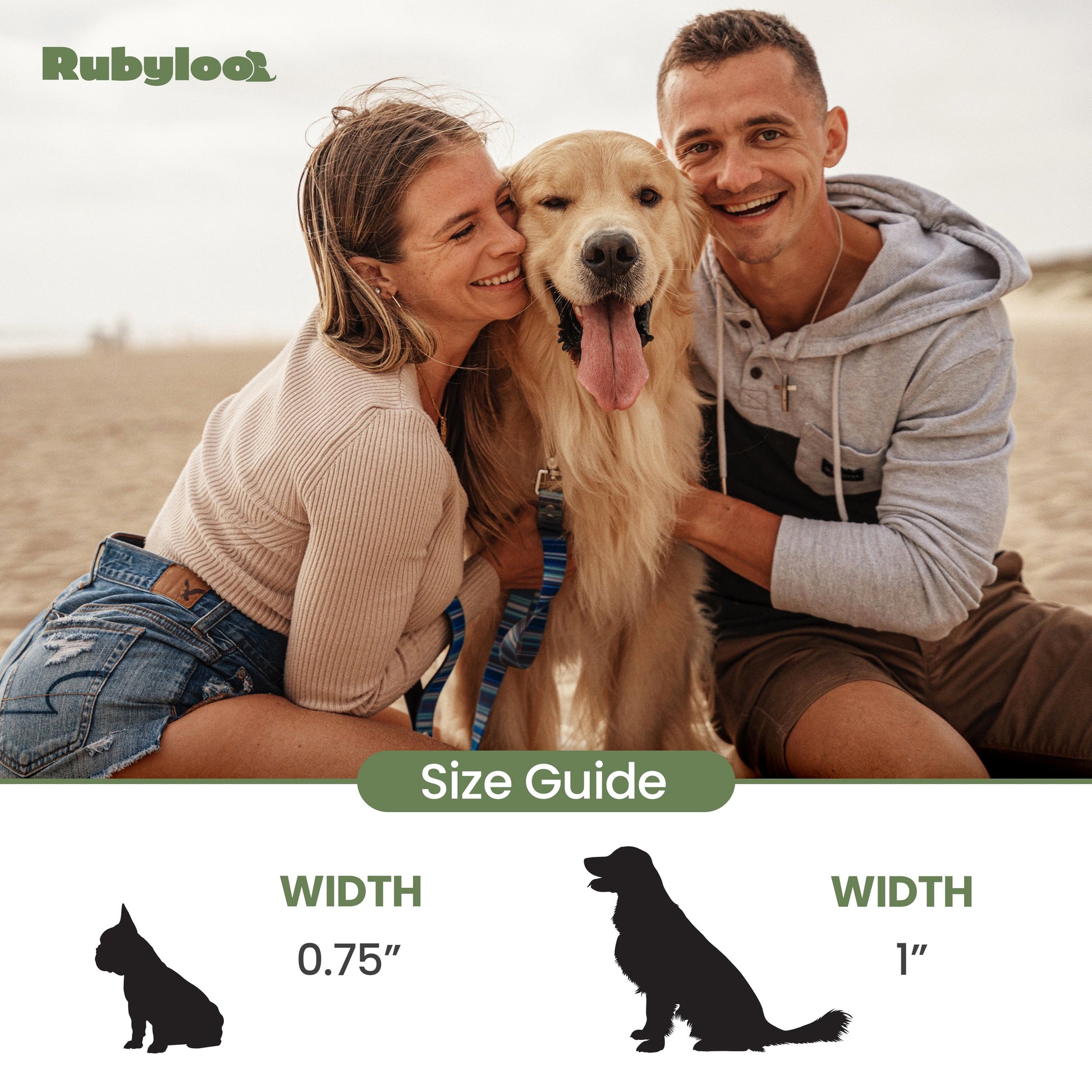 Couple with a dog on a beach, featuring Rubyloo branding and size guide icons.