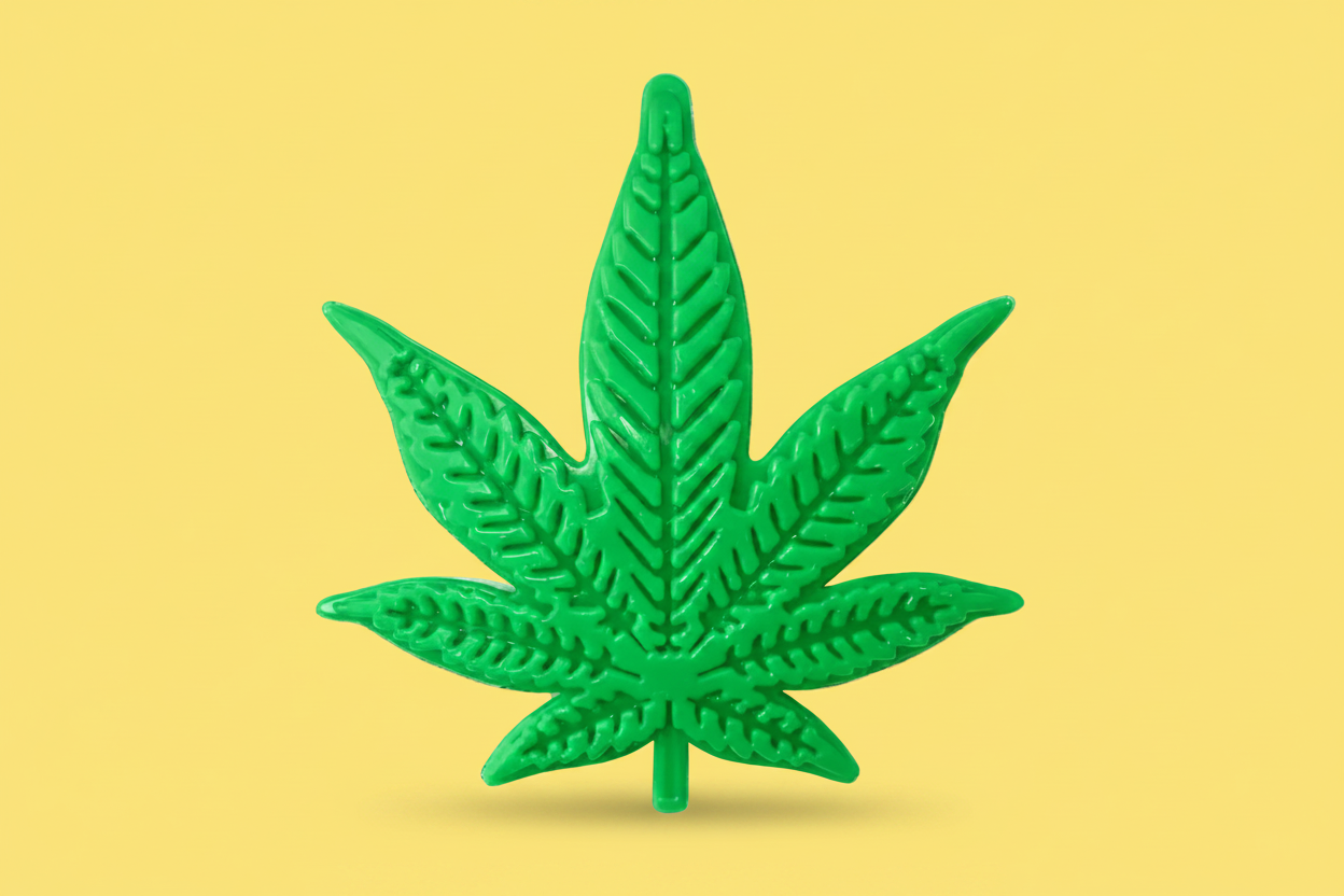 A bright green cannabis leaf-shaped object, possibly a decorative pin, charm, or tool, shown against a solid pale yellow background.