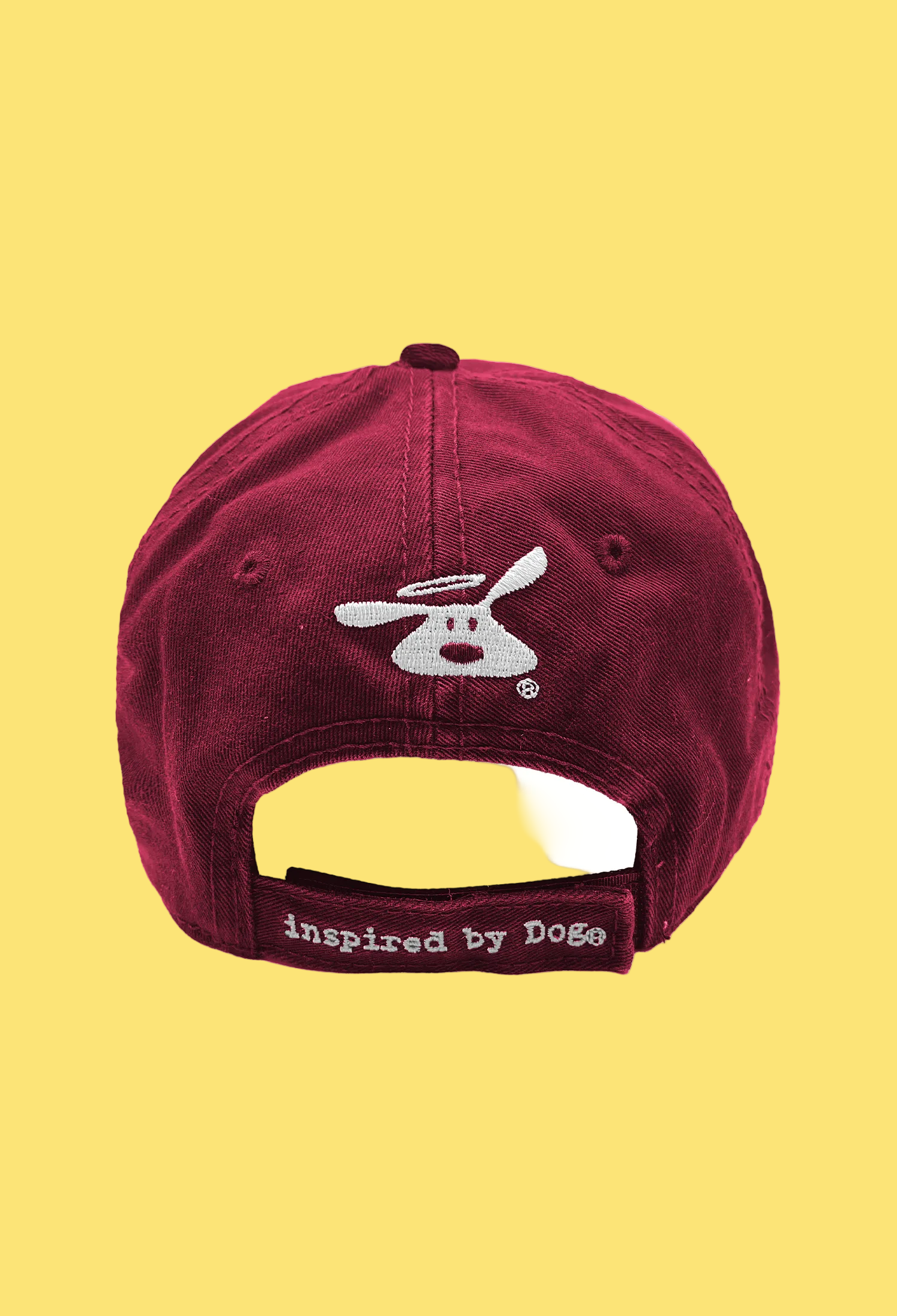 Maroon cap with a logo and text on a white background