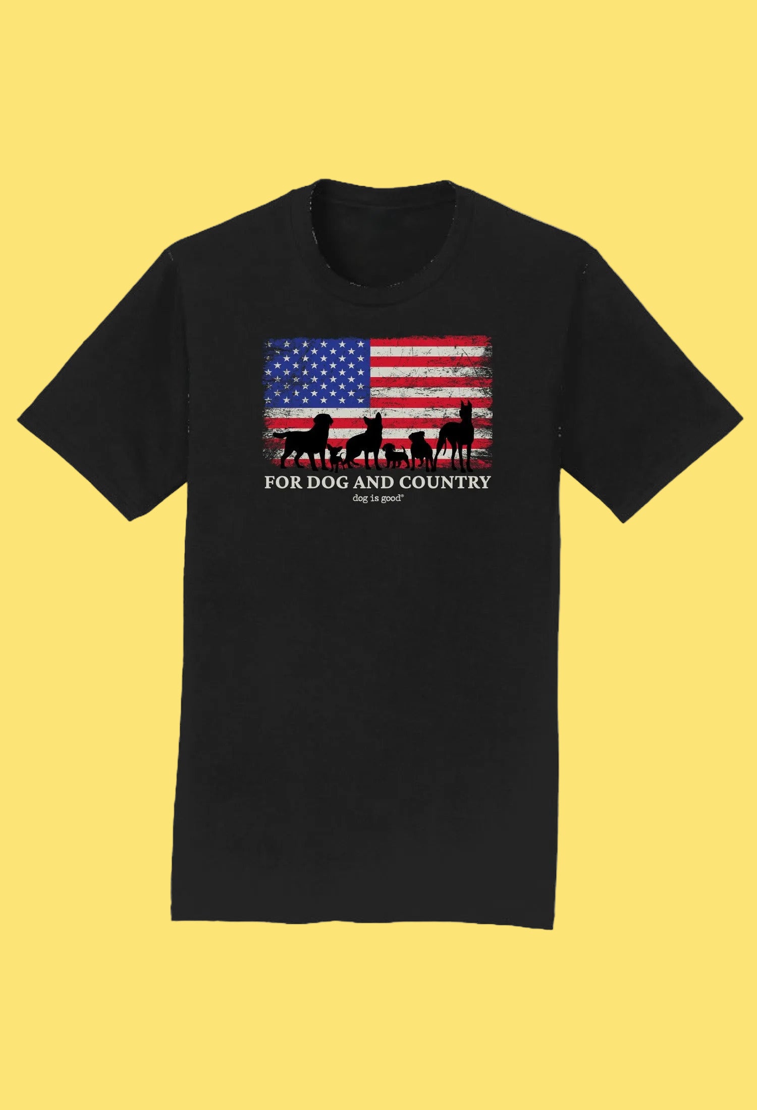 Black t-shirt with American flag and silhouette design on a white background