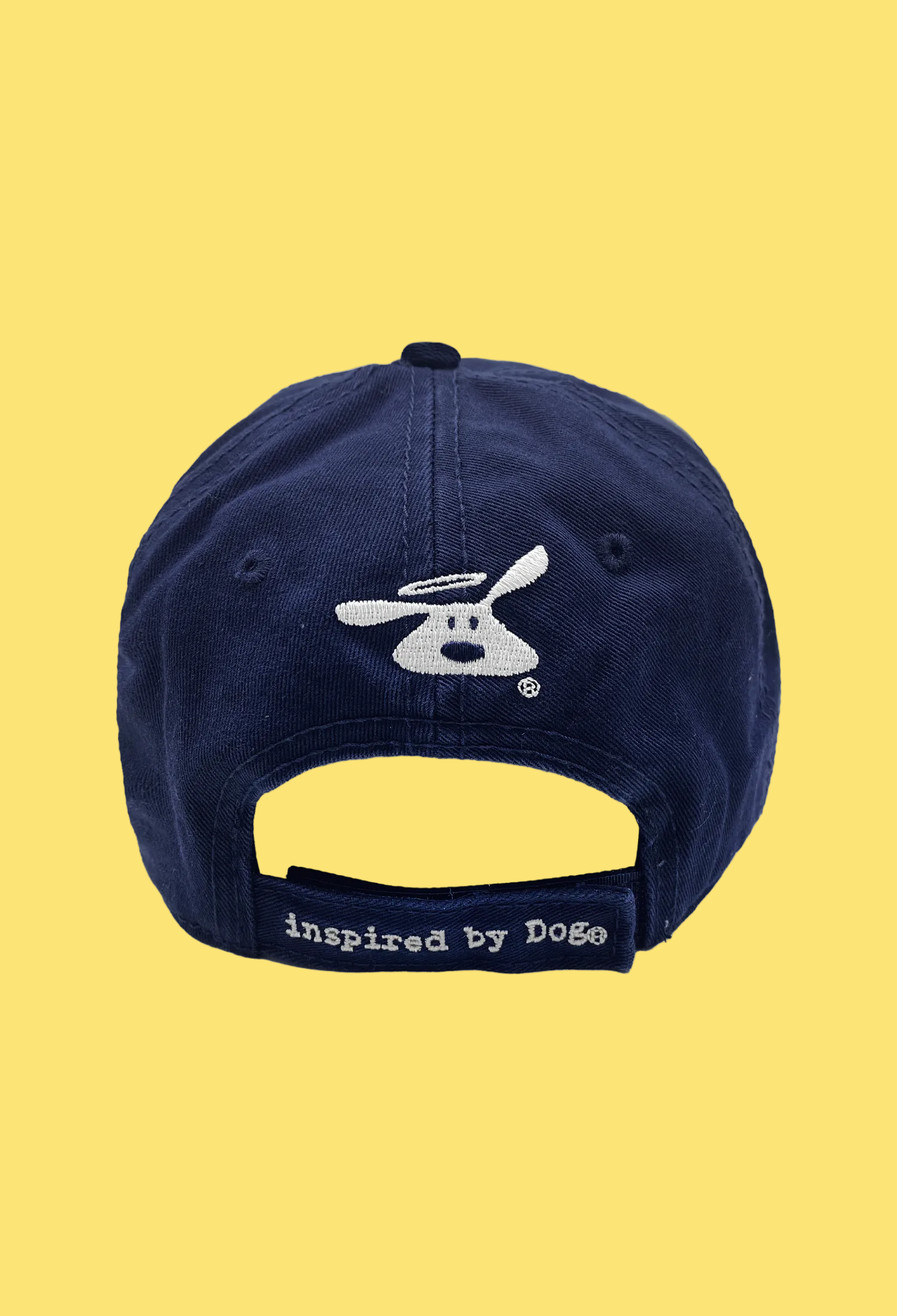 Navy blue cap with a logo and 'Inspired by Doge' text on a white background