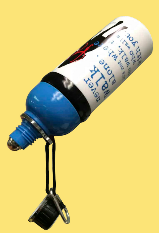 Blue and white bottle with a label on a white background