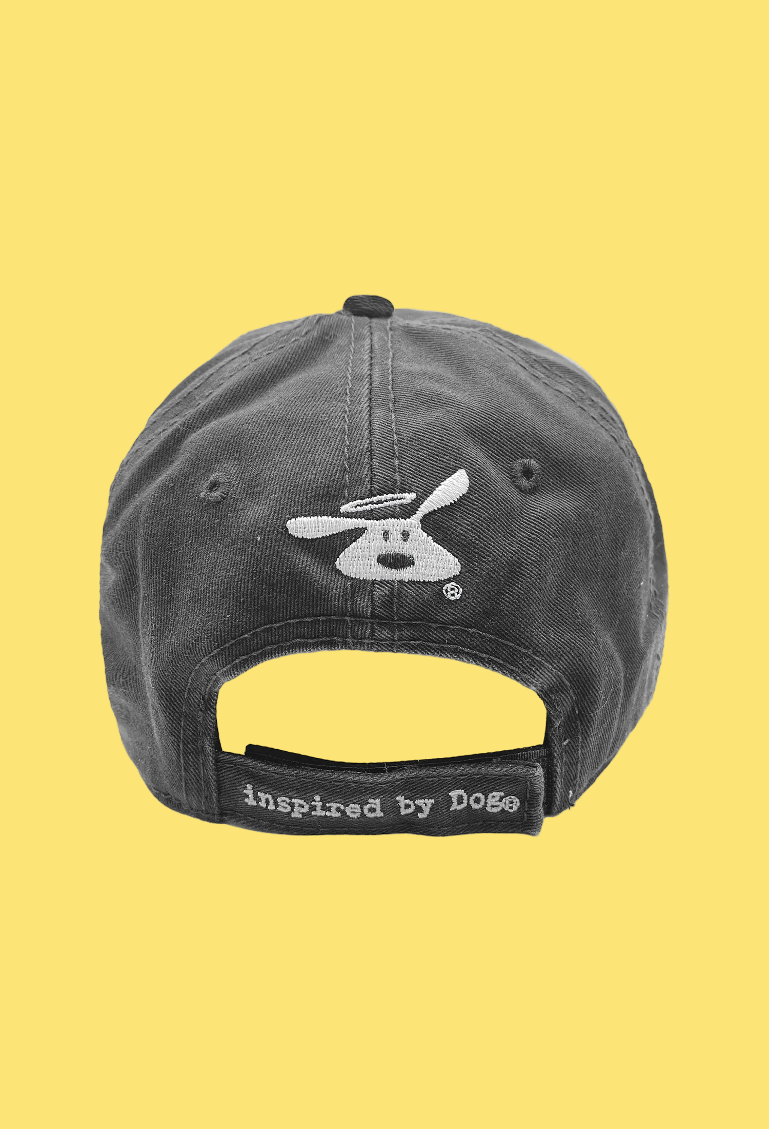 Black cap with a logo and text on a white background