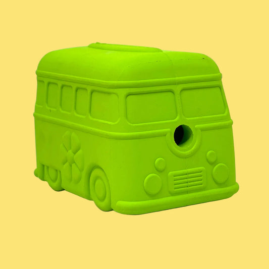 Green bus-shaped container on a white background