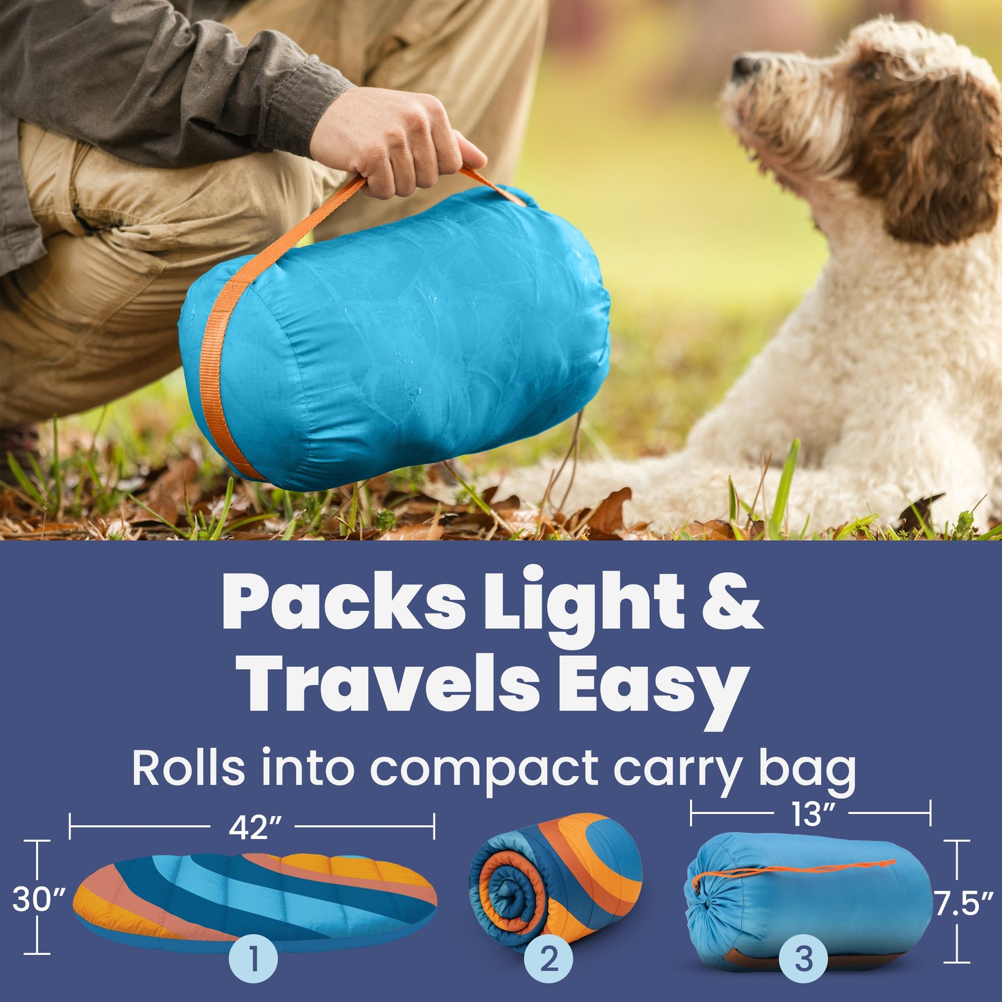 Person holding a blue and orange sleeping bag with a dog in the background, text 'Packs Light & Travels Easy' and product dimensions.