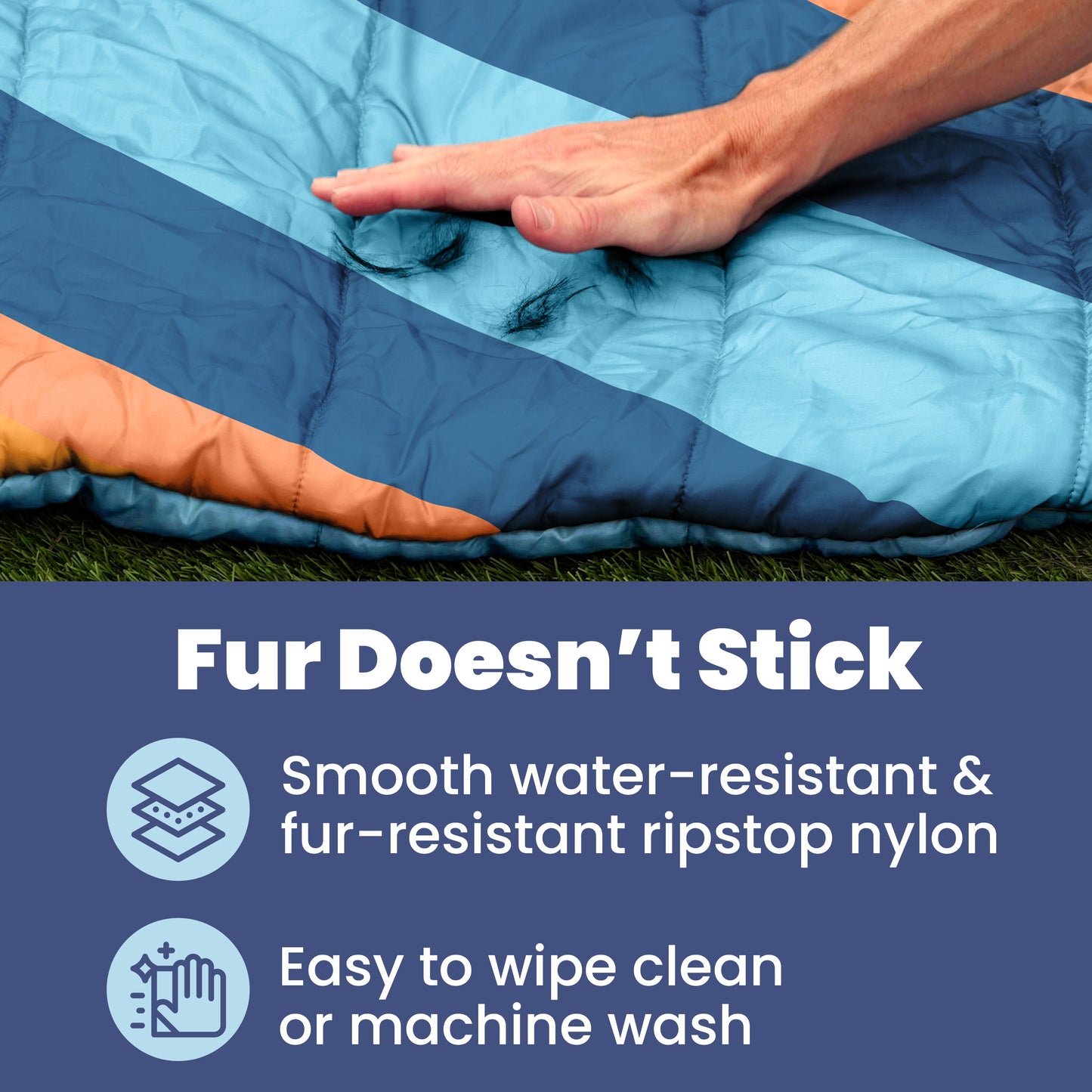 Blue and orange sleeping bag with text about water-resistant and fur-resistant properties.