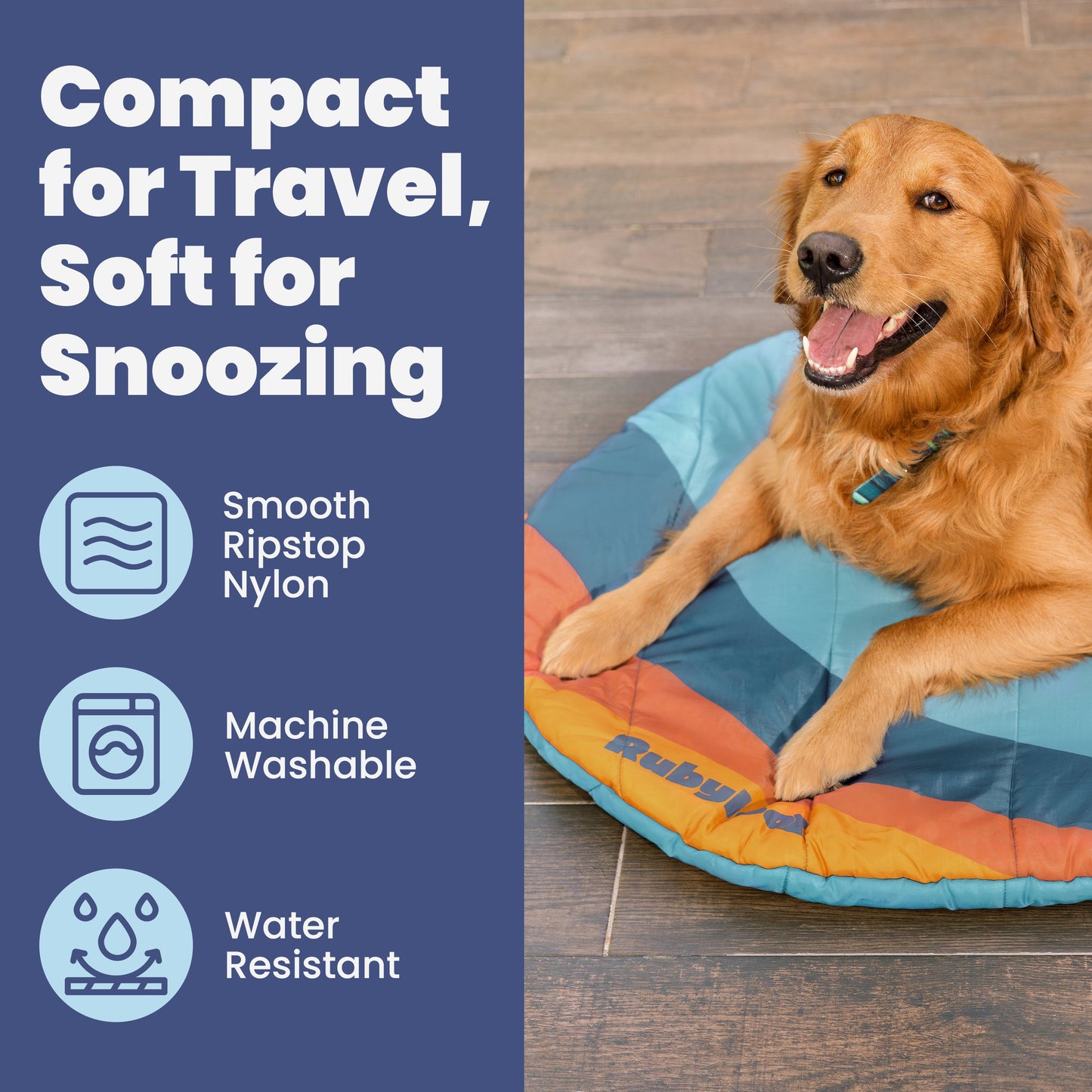 Dog lying on a colorful pet bed with text highlighting features like 'Compact for Travel, Soft for Snoozing'.