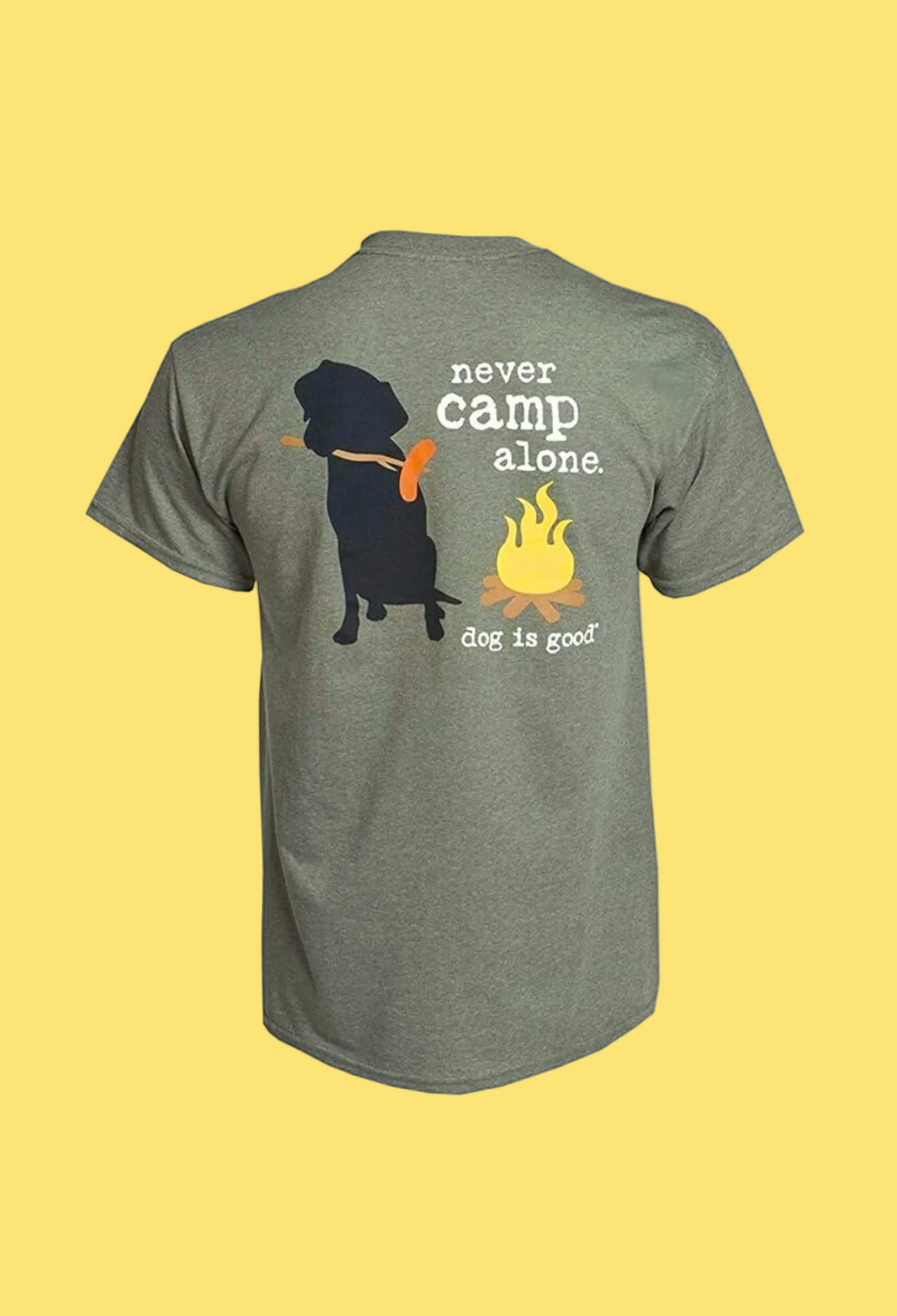 Green t-shirt with a dog and campfire graphic and text on a white background