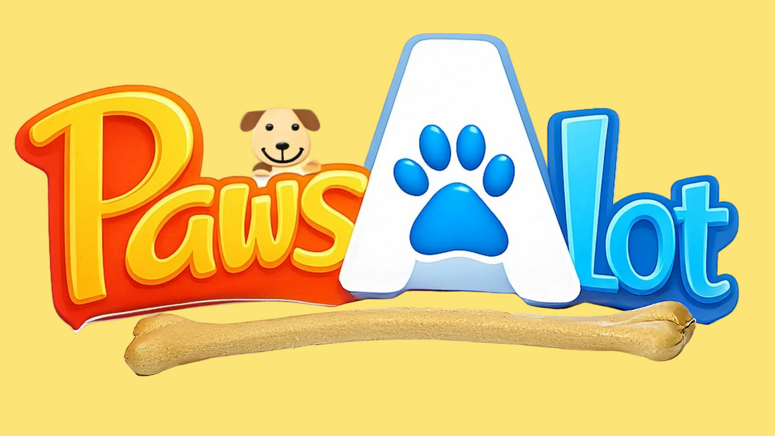 A colorful 3D logo reading 'Paws A Lot' with a small dog face inside the letter P and a blue paw print inside the letter A, with a tan bone in front on a white background.