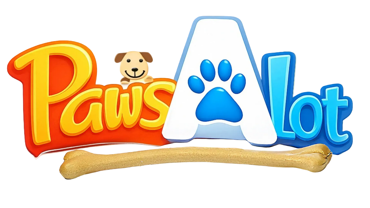 A stylized logo reading 'Paws A Lot' on a pale yellow background, with a tan bone graphic across the bottom. The word 'Paws' is in orange-yellow 3D letters, the central 'A' is white with a blue paw print, and 'Lot' is in blue 3D letters.