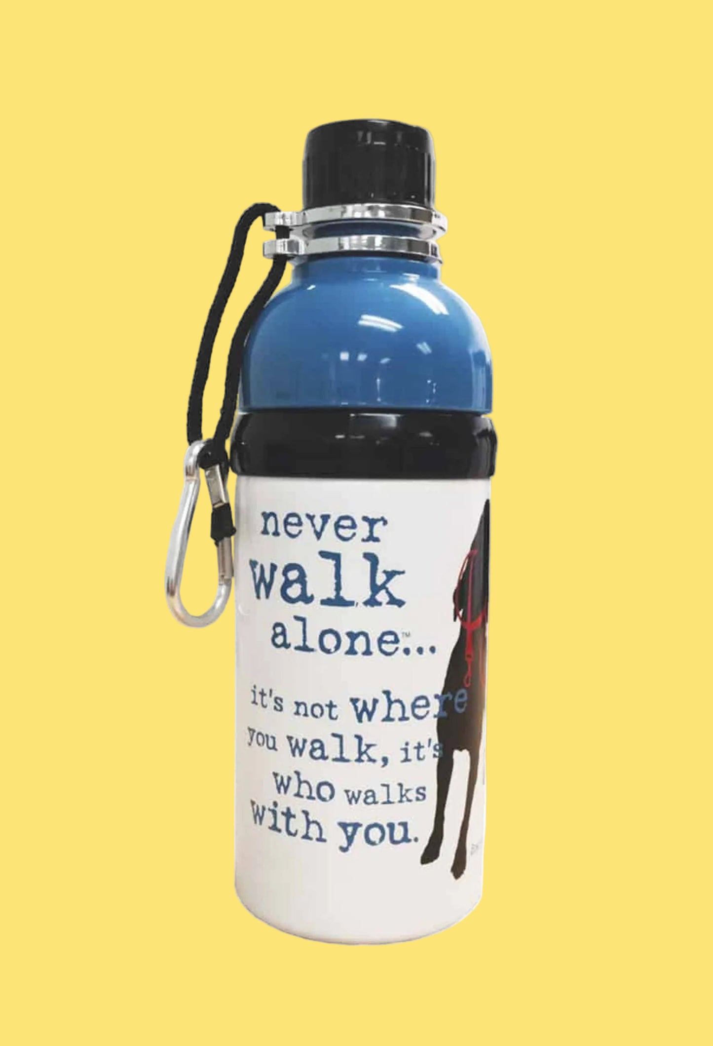 Water bottle with motivational quote and dog illustration on a white background