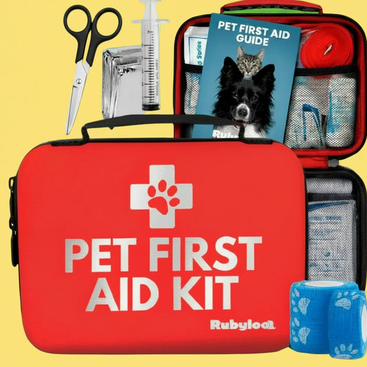 Pet first aid kit with various supplies including a red case, bandages, and a syringe.