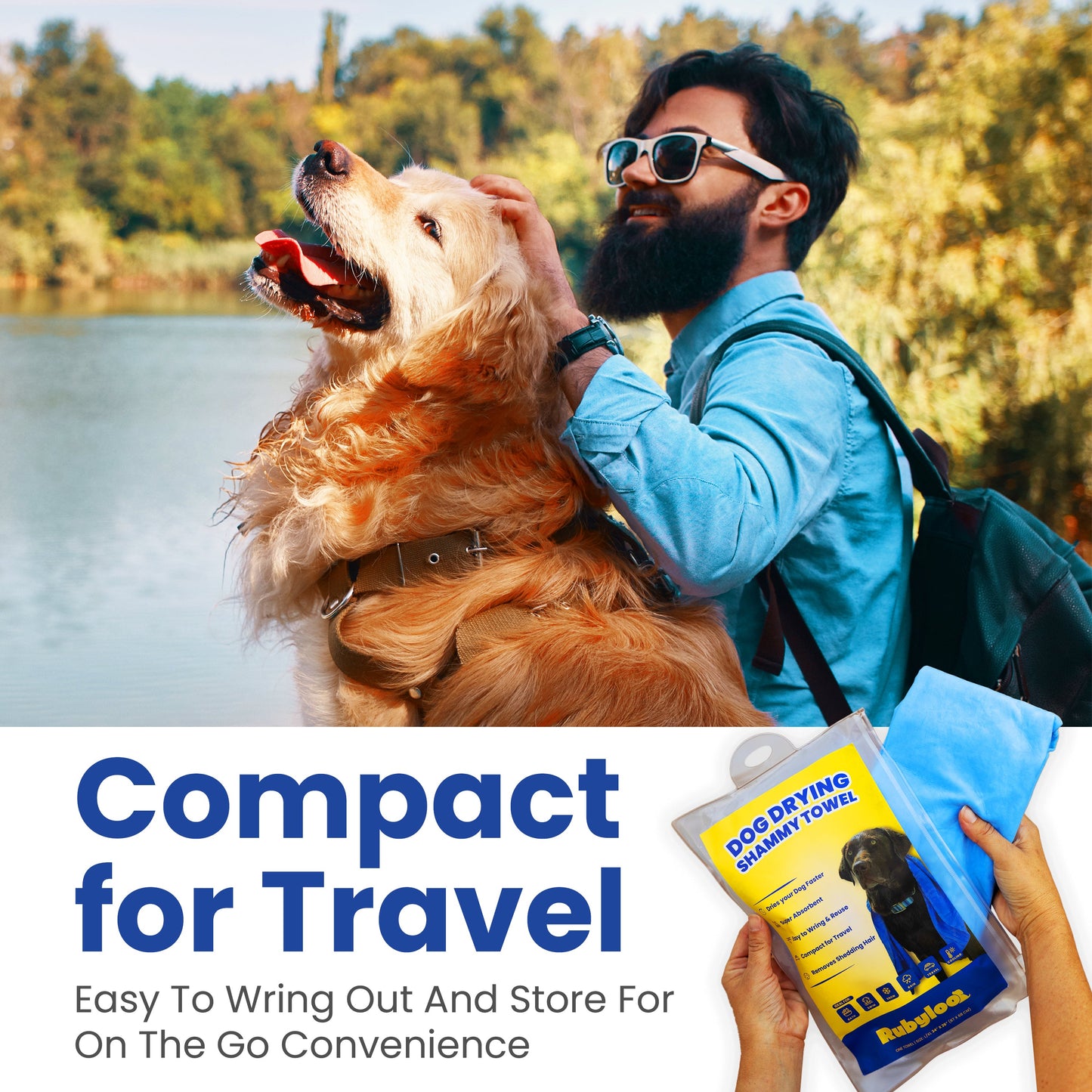 Man with a dog by a lake, holding a product package with text 'Compact for Travel'.
