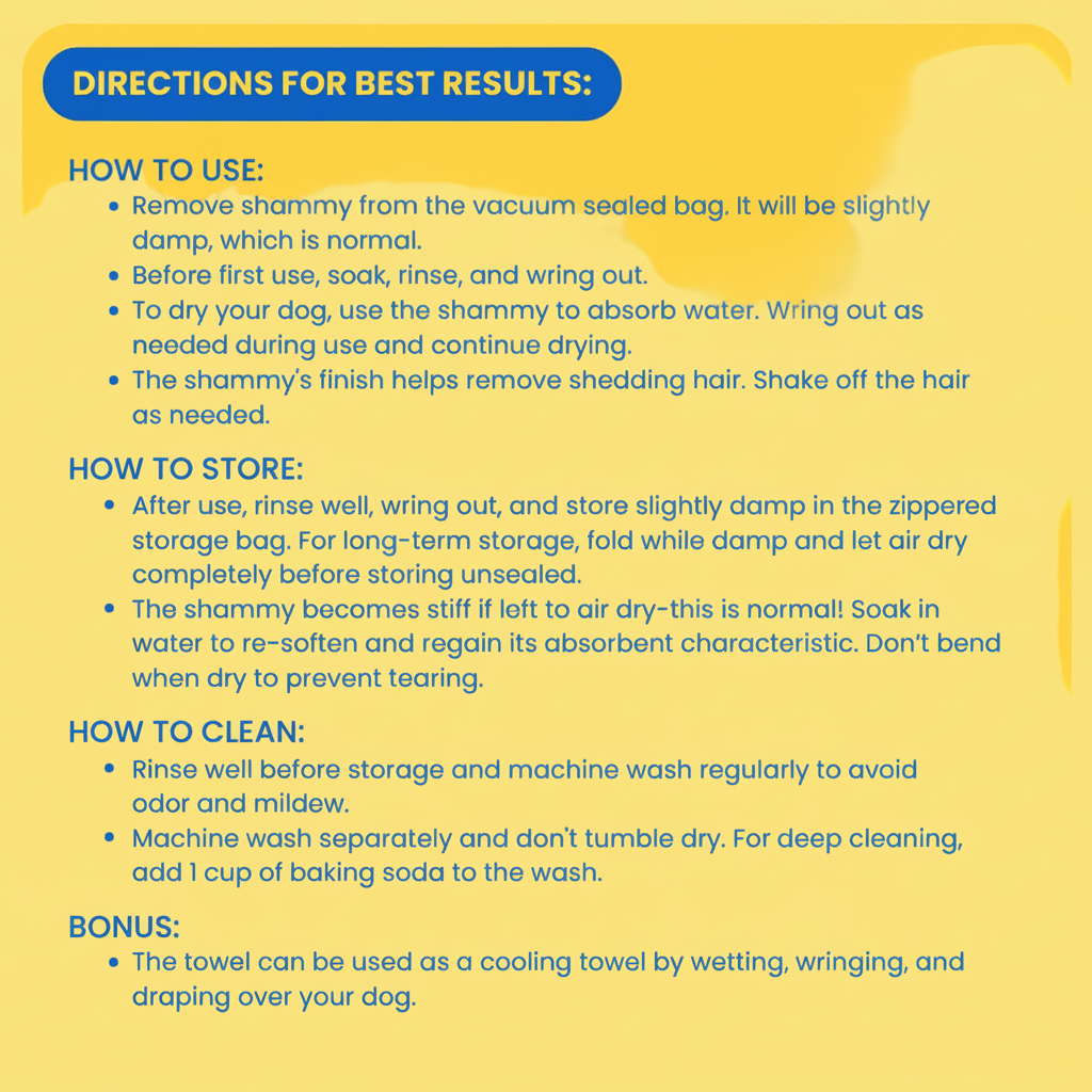 Instructions for using a shammy towel on a yellow background with blue border