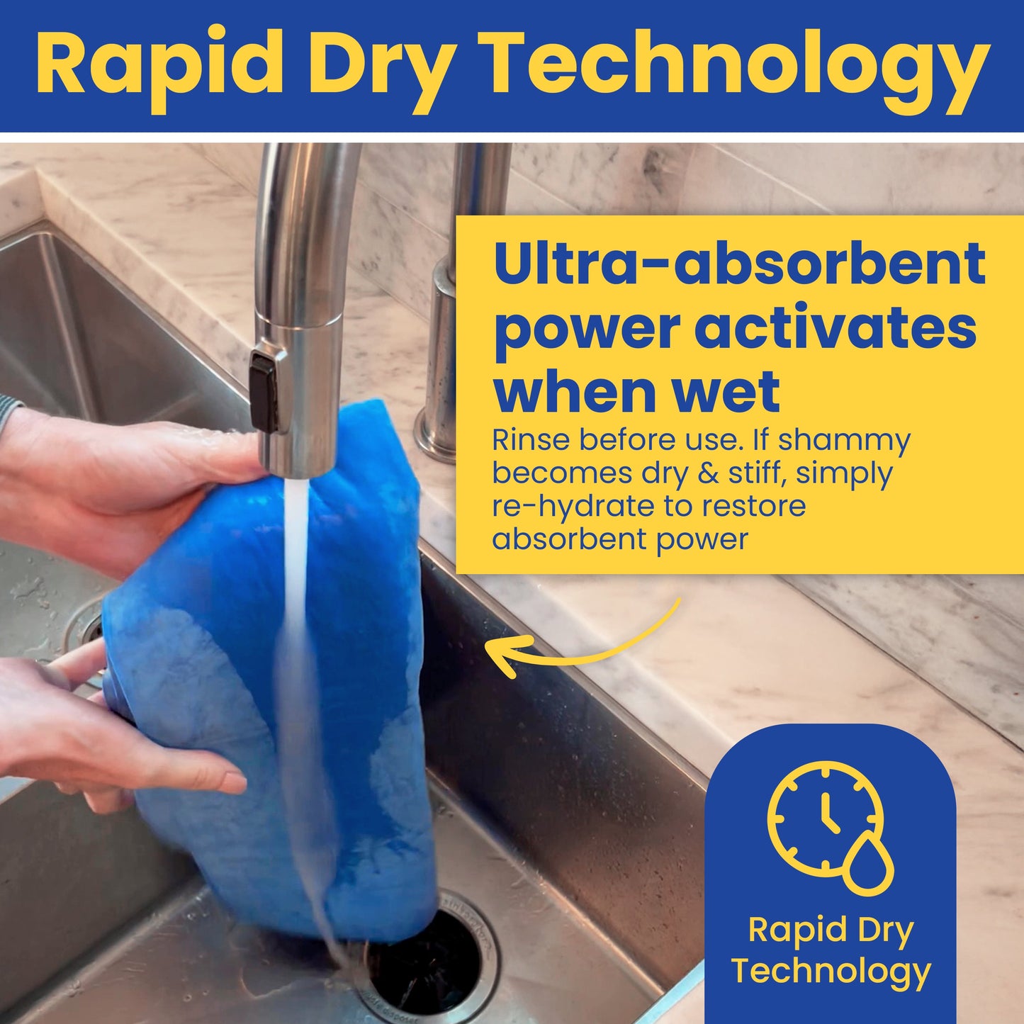 Blue towel with Rapid Dry Technology being rinsed under a faucet in a kitchen sink.