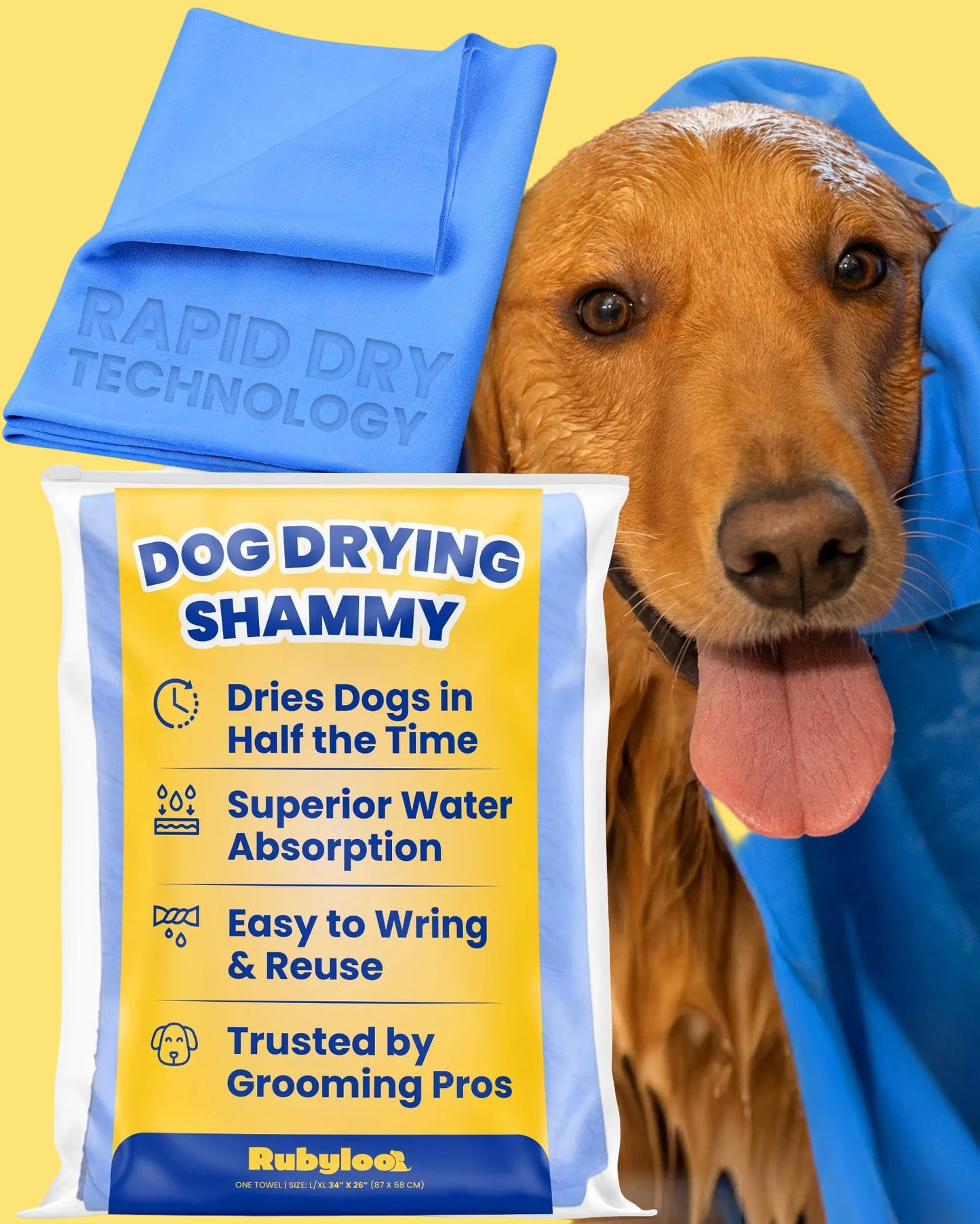Dog drying shammie with a dog wrapped in it, featuring RubyGold branding.
