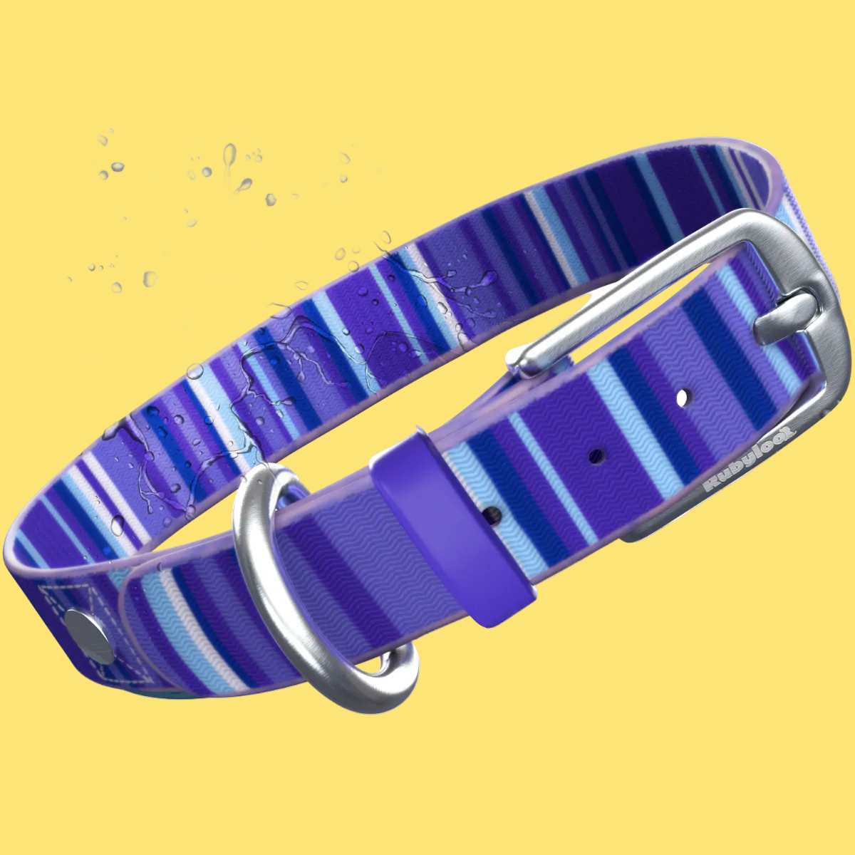 Blue striped dog collar with water droplets on a white background