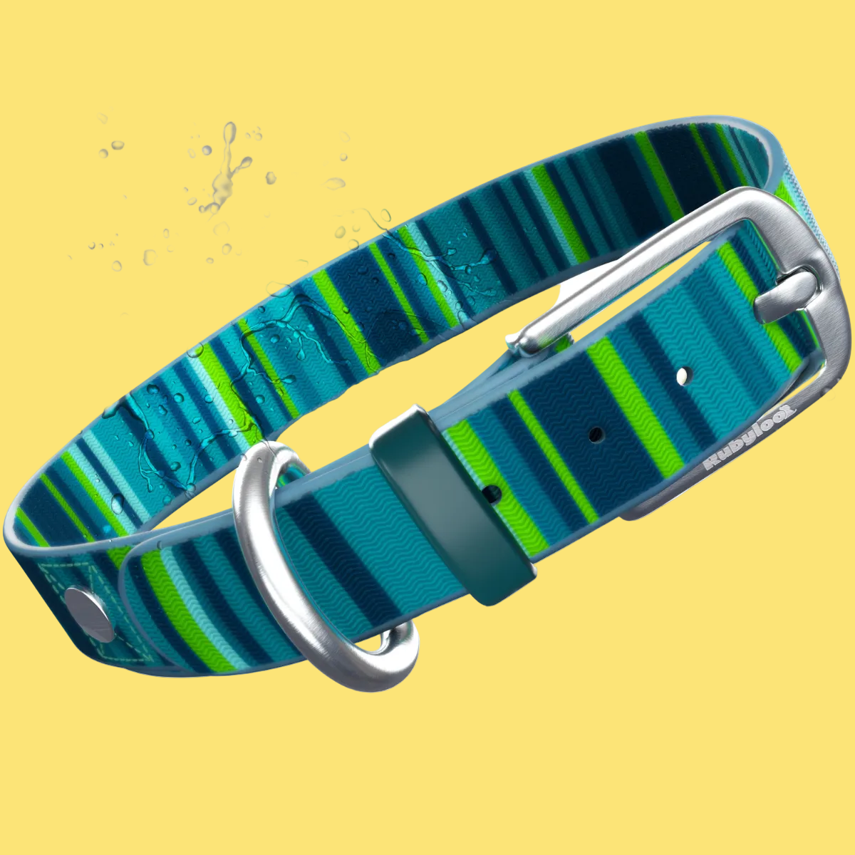 Blue and green striped dog collar with water splashes on a white background