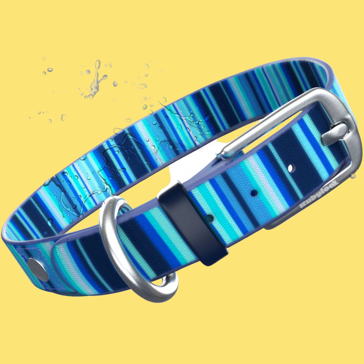 Blue striped dog collar with water droplets on a white background