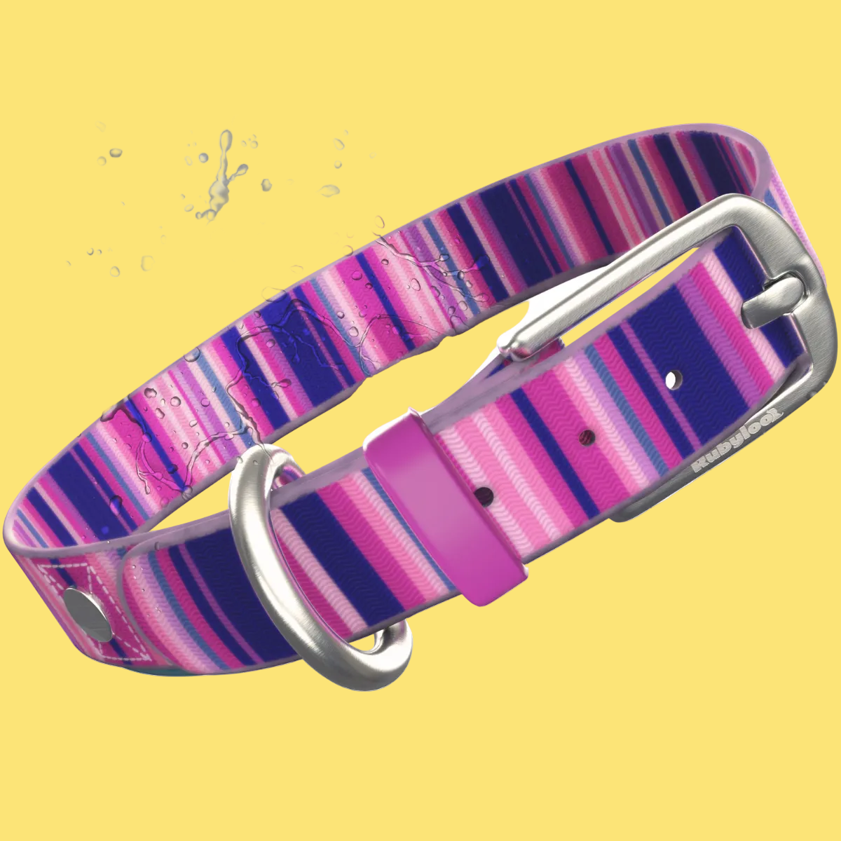 Pink and purple striped dog collar with water splashes on a white background