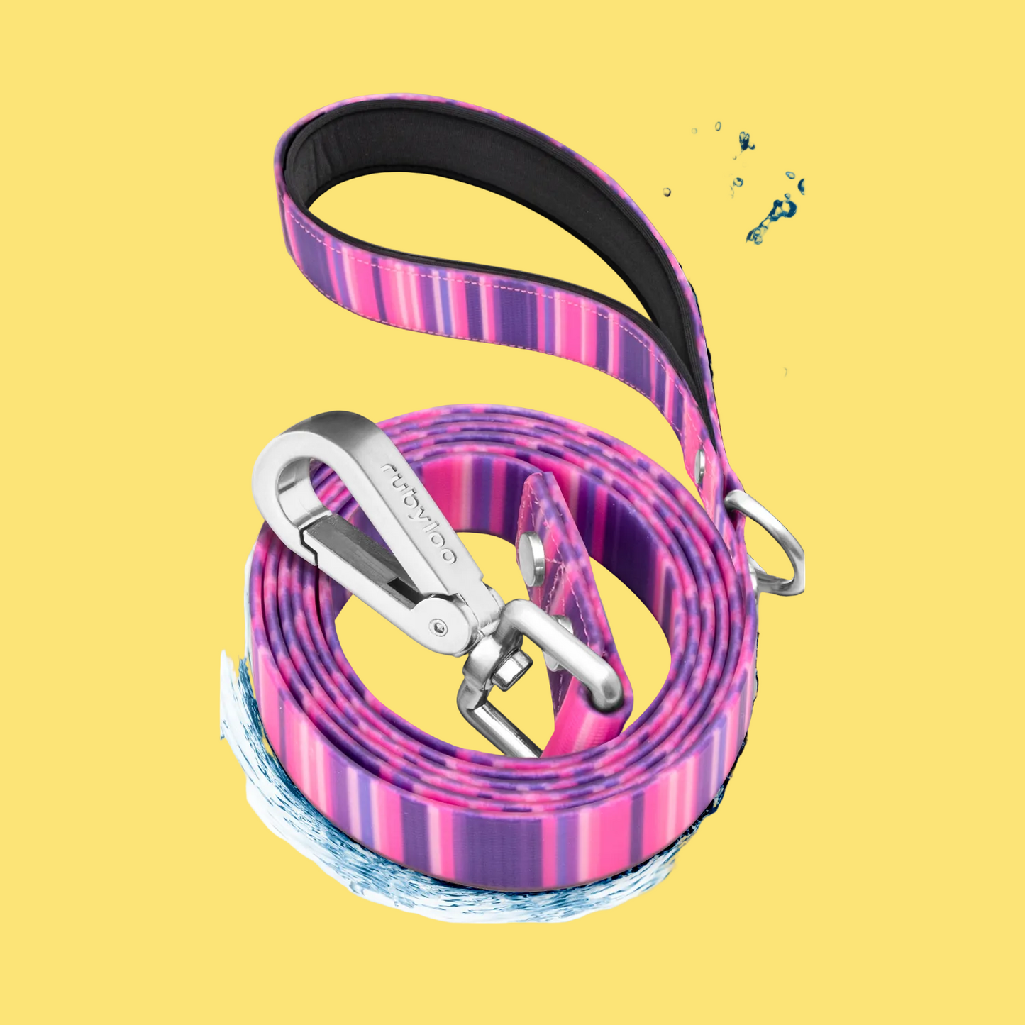 Pink and purple striped dog leash with silver clip on a white background