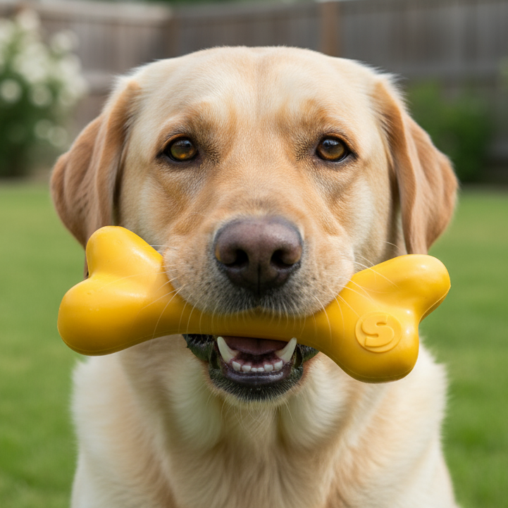 Dog holding a yellow bone-shaped toy in its mouth outdoors.