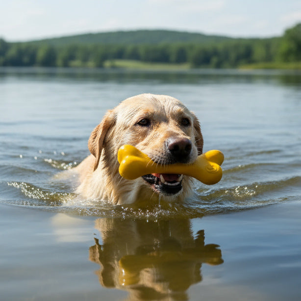 Dog swimming in water with a yellow toy in its mouth, surrounded by a scenic lake and trees.